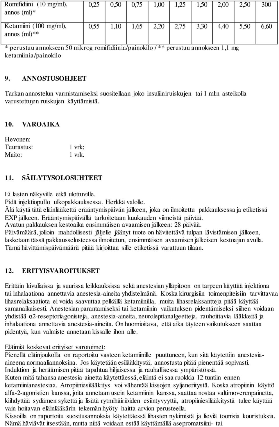 VAROAIKA Hevonen: Teurastus: Maito: 1 vrk; 1 vrk. 11. SÄILYTYSOLOSUHTEET Ei lasten näkyville eikä ulottuville. Pidä injektiopullo ulkopakkauksessa. Herkkä valolle.