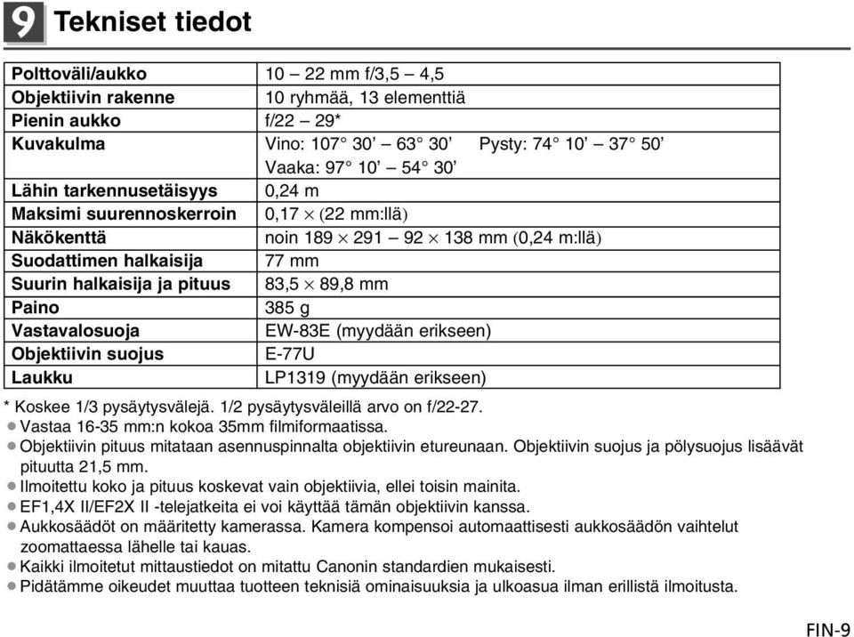 Vastavalosuoja EW-83E (myydään erikseen) Objektiivin suojus E-77U Laukku LP1319 (myydään erikseen) * Koskee 1/3 pysäytysvälejä. 1/2 pysäytysväleillä arvo on f/22-27.