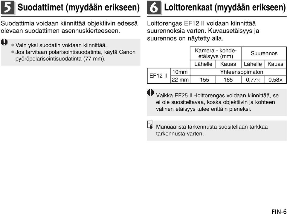 Kuvausetäisyys ja suurennos on näytetty alla.