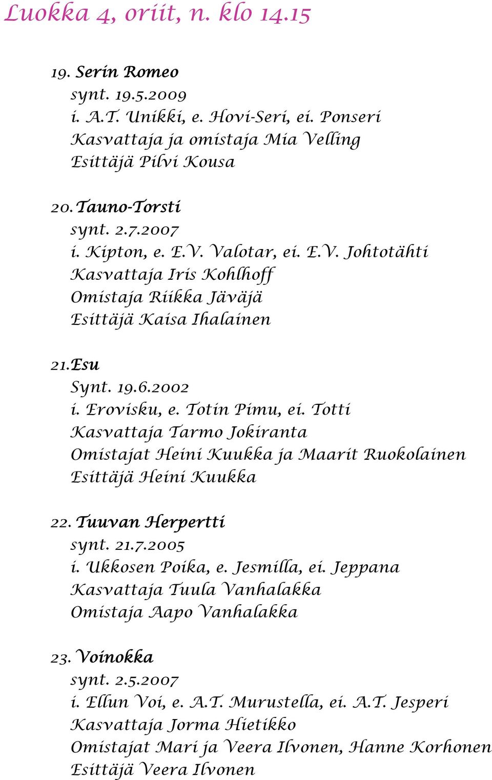Totti Kasvattaja Tarmo Jokiranta Omistajat Heini Kuukka ja Maarit Ruokolainen Esittäjä Heini Kuukka 22. Tuuvan Herpertti synt. 21.7.2005 i. Ukkosen Poika, e. Jesmilla, ei.