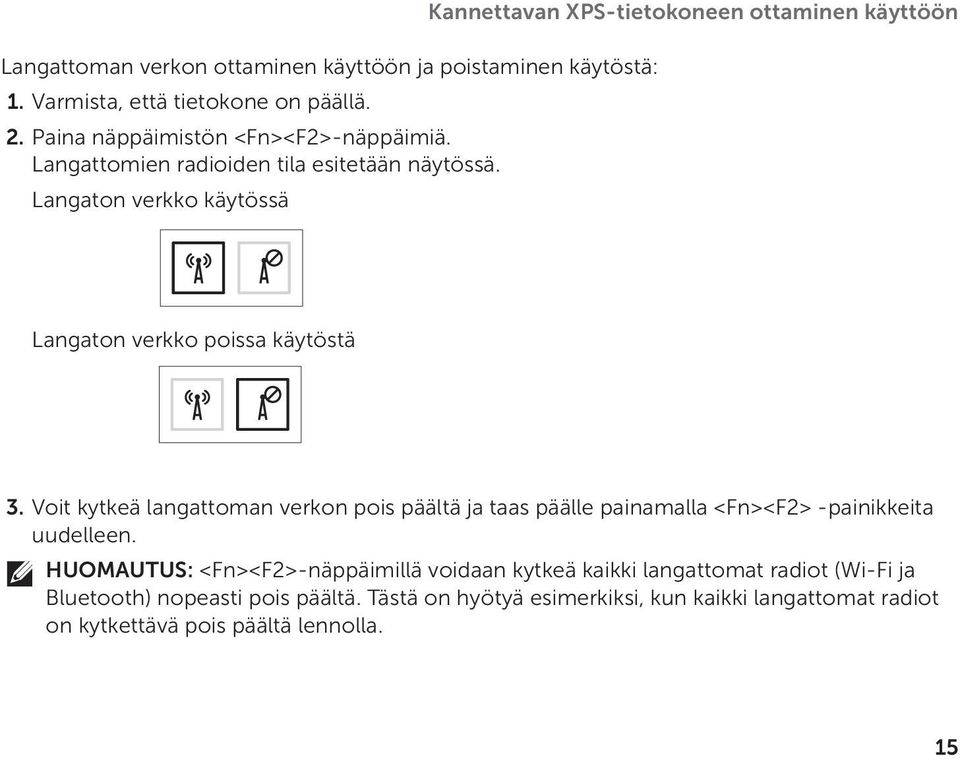 Voit kytkeä langattoman verkon pois päältä ja taas päälle painamalla <Fn><F2> -painikkeita uudelleen.