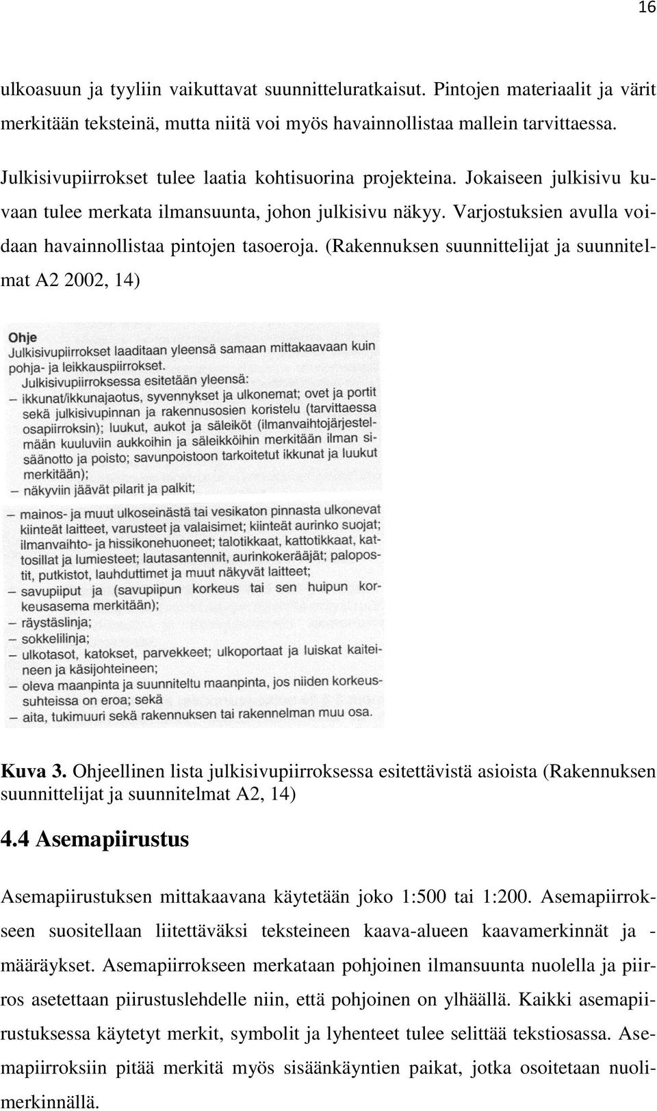 (Rakennuksen suunnittelijat ja suunnitelmat A2 2002, 14) Kuva 3. Ohjeellinen lista julkisivupiirroksessa esitettävistä asioista (Rakennuksen suunnittelijat ja suunnitelmat A2, 14) 4.