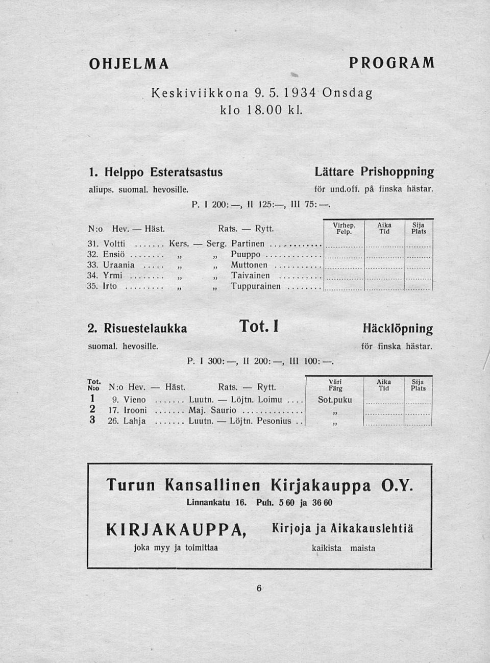 - x,. u,. u«* o«f *w AJḳ? I Sija N:o N:o Hev. Rats. Färg Tid Plats 1 9. Vieno Luutn. Loimu... Sot.puku 2 17. Irooni Maj. Saurio 3 26. Lahja Luutn.