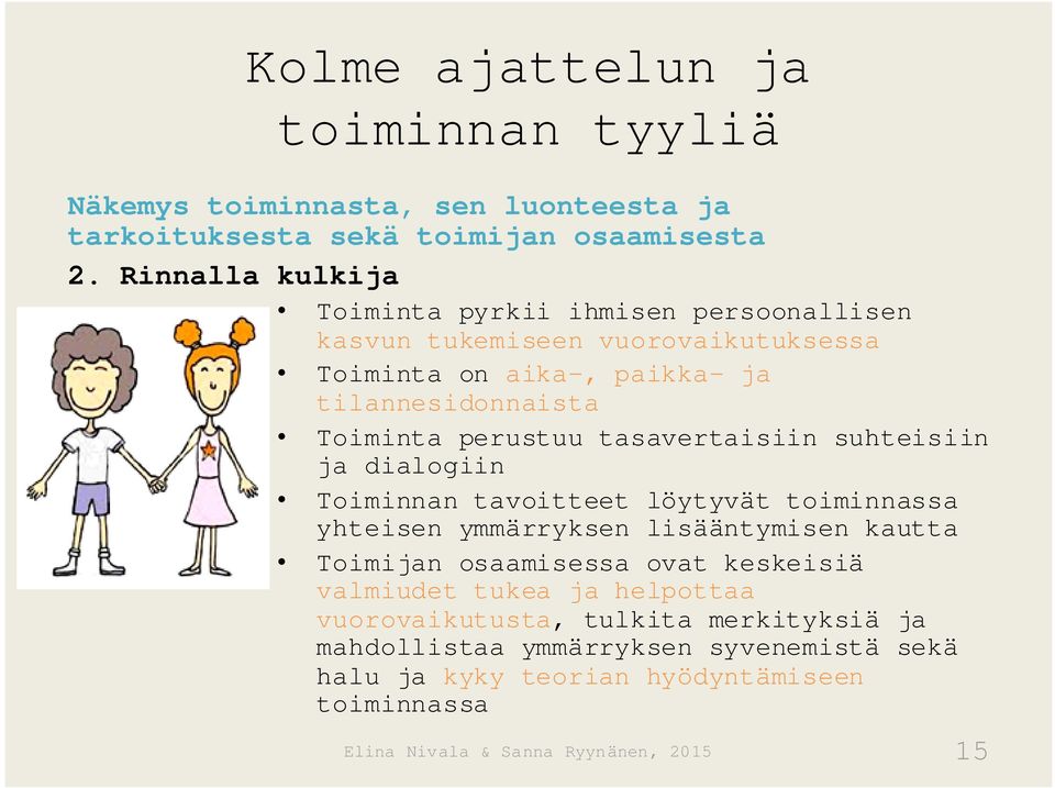 perustuu tasavertaisiin suhteisiin ja dialogiin Toiminnan tavoitteet löytyvät toiminnassa yhteisen ymmärryksen lisääntymisen kautta Toimijan osaamisessa ovat