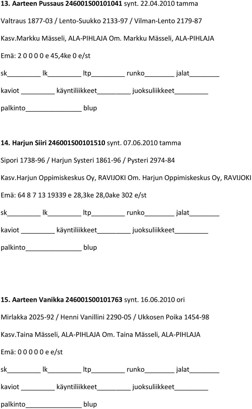 2010 tamma Sipori 1738-96 / Harjun Systeri 1861-96 / Pysteri 2974-84 Kasv.Harjun Oppimiskeskus Oy, RAVIJOKI Om.