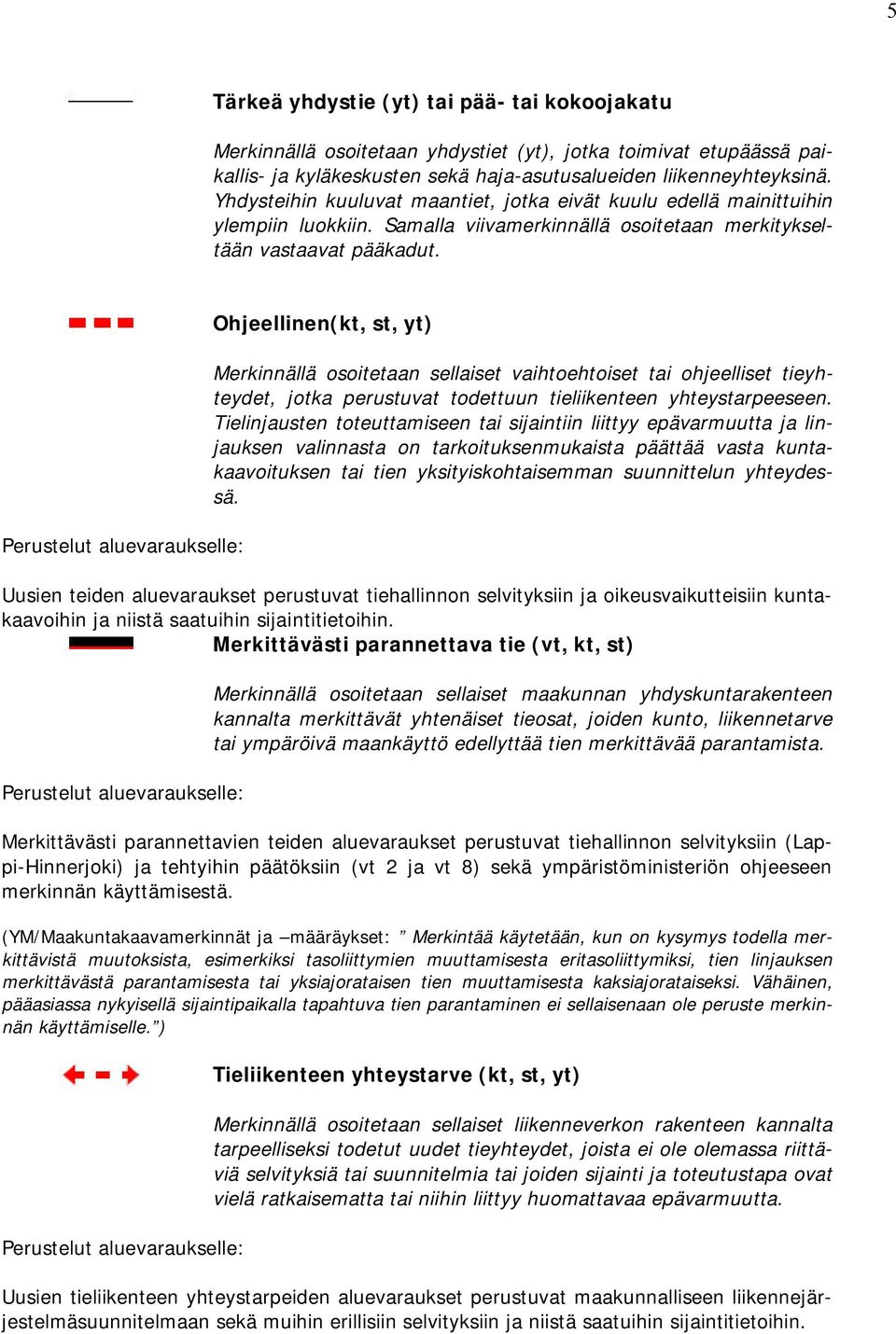 Ohjeellinen(kt, st, yt) Merkinnällä osoitetaan sellaiset vaihtoehtoiset tai ohjeelliset tieyhteydet, jotka perustuvat todettuun tieliikenteen yhteystarpeeseen.