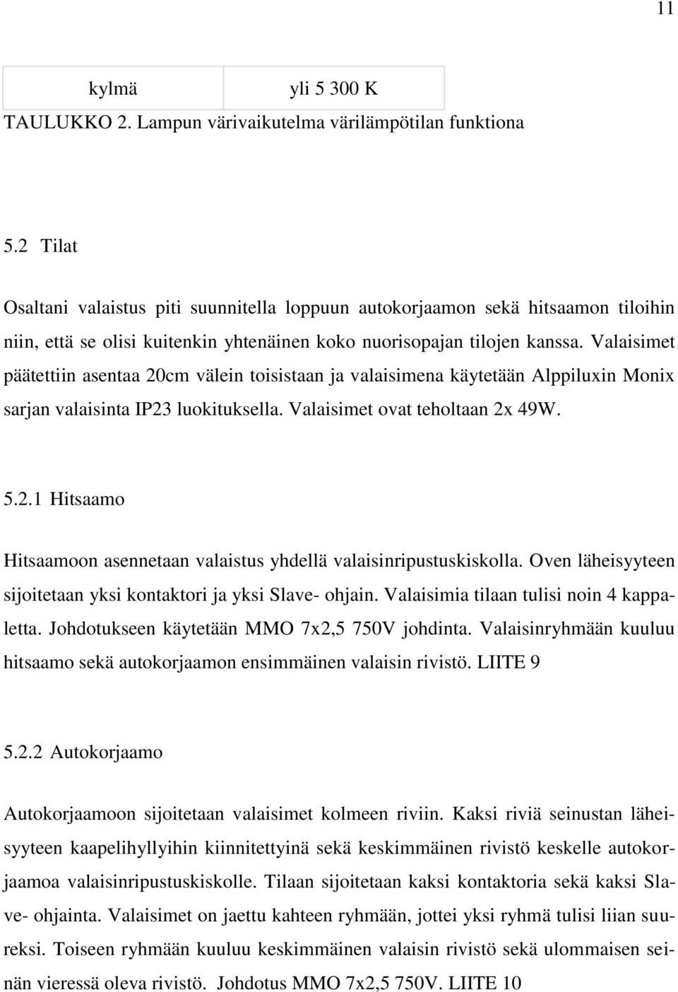 Valaisimet päätettiin asentaa 20cm välein toisistaan ja valaisimena käytetään Alppiluxin Monix sarjan valaisinta IP23 luokituksella. Valaisimet ovat teholtaan 2x 49W. 5.2.1 Hitsaamo Hitsaamoon asennetaan valaistus yhdellä valaisinripustuskiskolla.