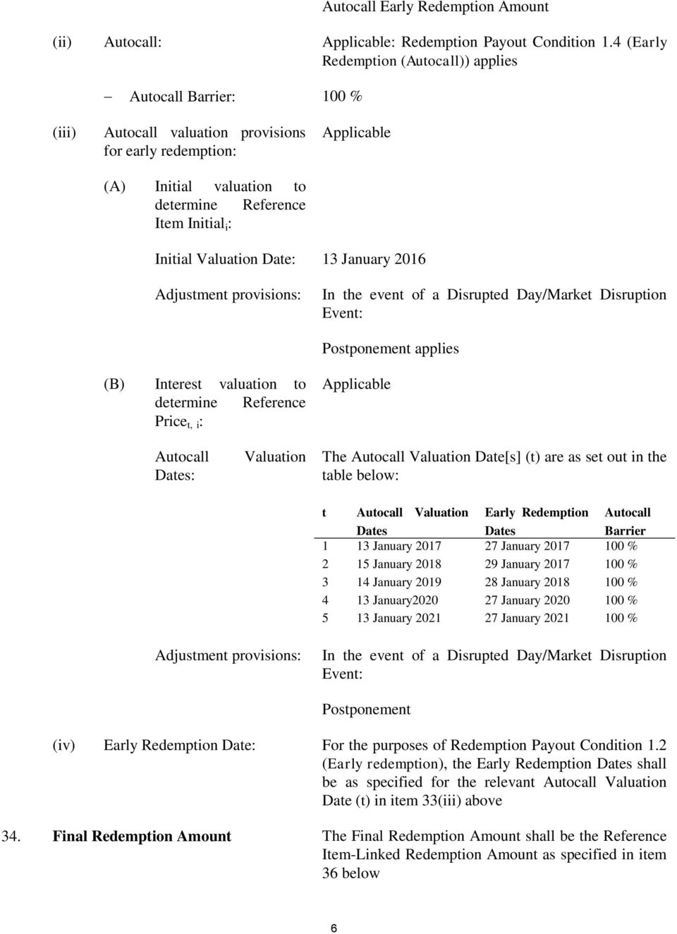 Initial Valuation Date: 13 January 2016 Adjustment provisions: In the event of a Disrupted Day/Market Disruption Event: Postponement applies (B) Interest valuation to determine Reference Price t, i :