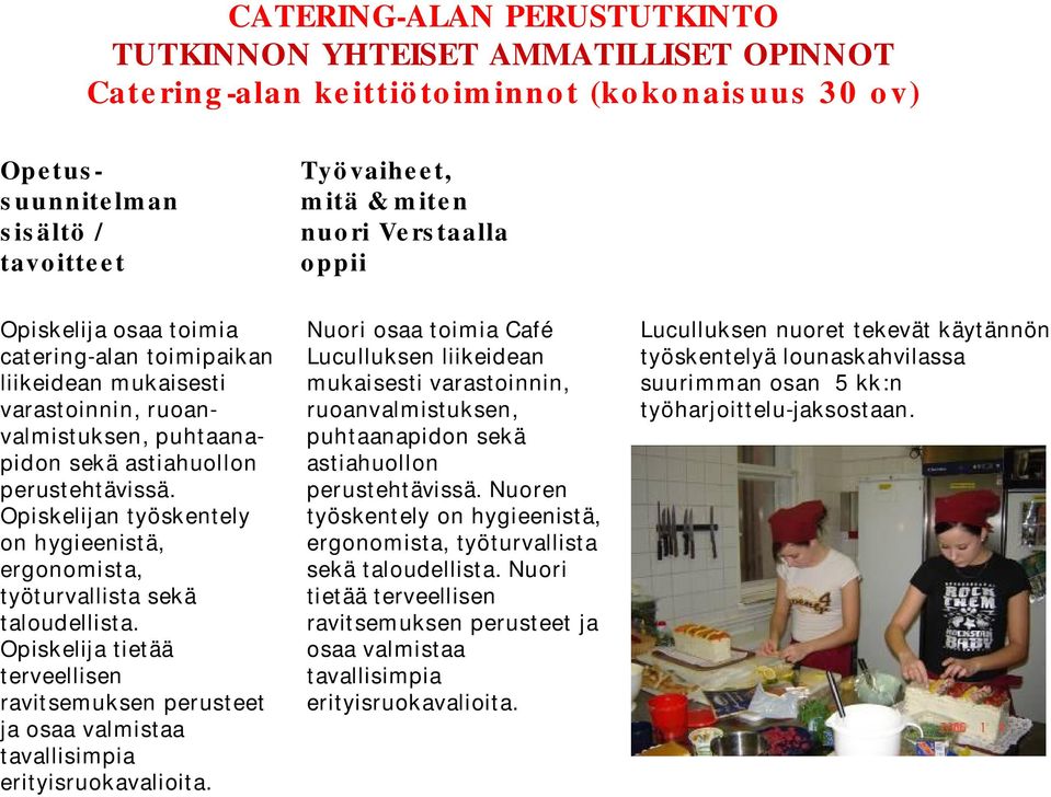 Opiskelijan työskentely on hygieenistä, ergonomista, työturvallista sekä taloudellista. Opiskelija tietää terveellisen ravitsemuksen perusteet ja osaa valmistaa tavallisimpia erityisruokavalioita.