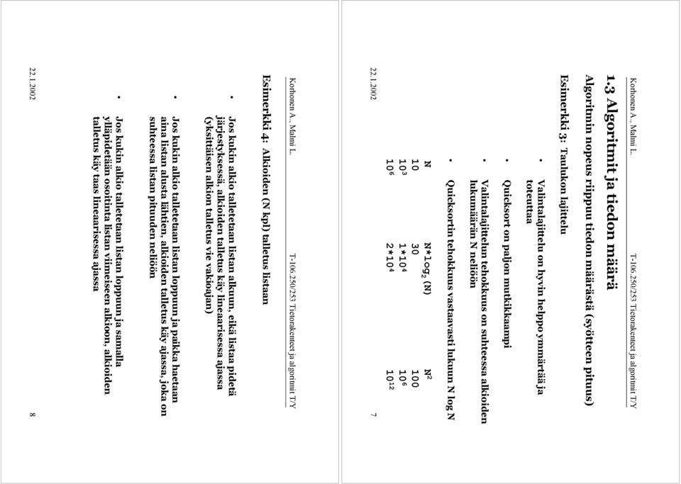 1.2002 7 Esimerkki 4: Alkioiden (N kpl) talletus listaan Jos kukin alkio talletetaan listan alkuun, eikš listaa pidetš jšrjestyksessš, alkioiden talletus kšy lineaarisessa ajassa (yksittšisen alkion