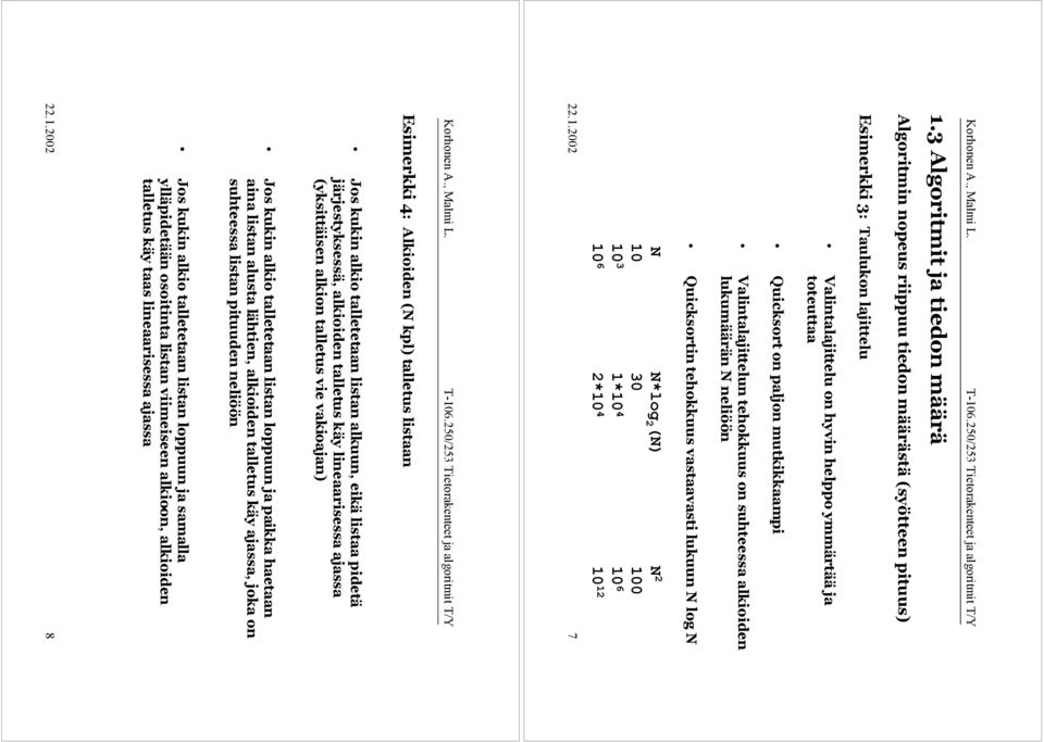 1.2002 7 Esimerkki 4: Alkioiden (N kpl) talletus listaan Jos kukin alkio talletetaan listan alkuun, eikš listaa pidetš jšrjestyksessš, alkioiden talletus kšy lineaarisessa ajassa (yksittšisen alkion