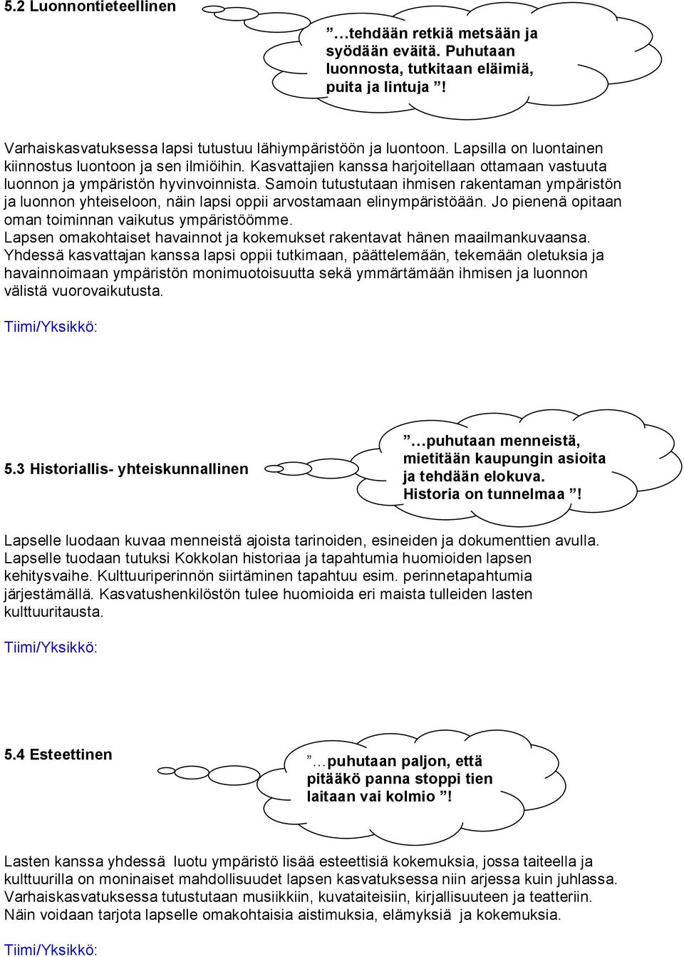 Samoin tutustutaan ihmisen rakentaman ympäristön ja luonnon yhteiseloon, näin lapsi oppii arvostamaan elinympäristöään. Jo pienenä opitaan oman toiminnan vaikutus ympäristöömme.