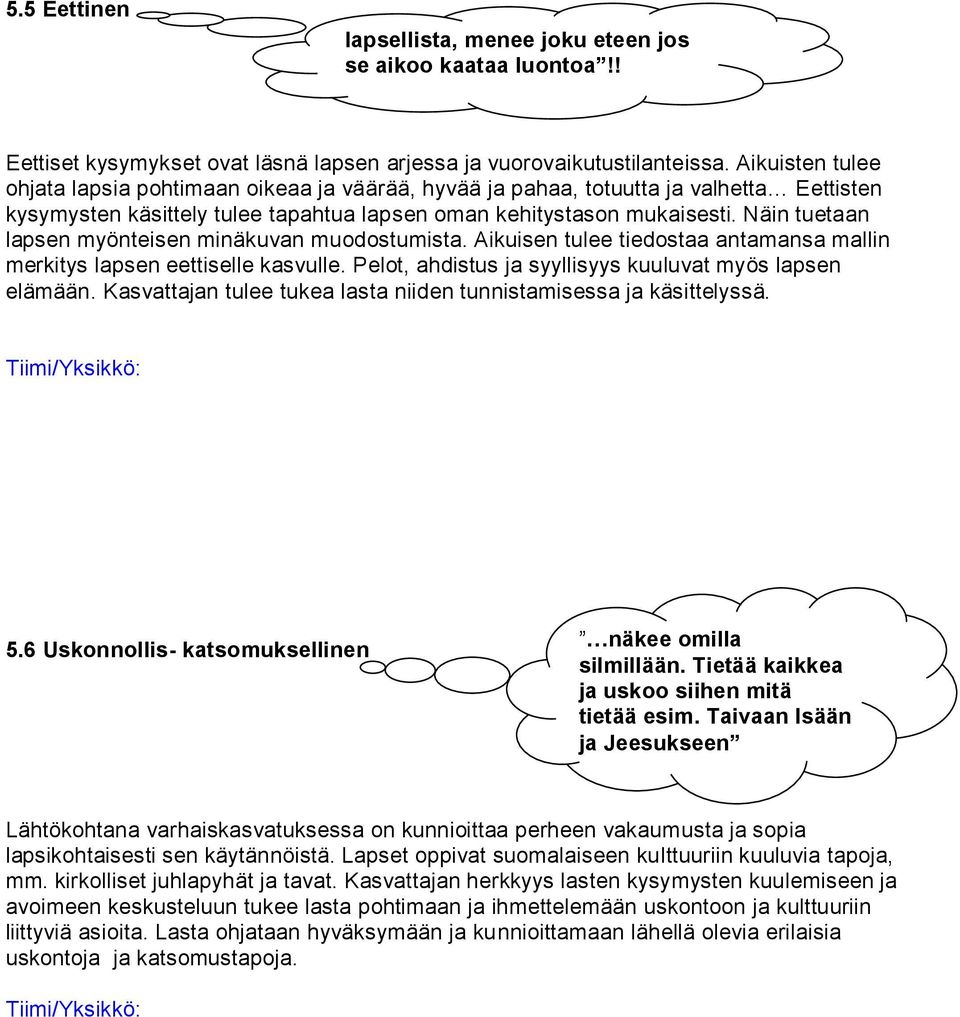 Näin tuetaan lapsen myönteisen minäkuvan muodostumista. Aikuisen tulee tiedostaa antamansa mallin merkitys lapsen eettiselle kasvulle. Pelot, ahdistus ja syyllisyys kuuluvat myös lapsen elämään.