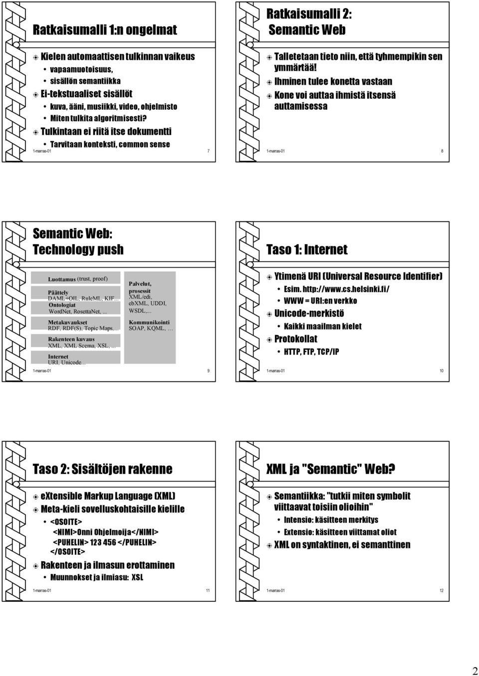 Ihminen tulee konetta vastaan Kone voi auttaa ihmistä itsensä auttamisessa 1-marras-01 8 Semantic Web: Technology push Taso 1: Internet Luottamus (trust, proof) Päättely DAML+OIL, RuleML, KIF.