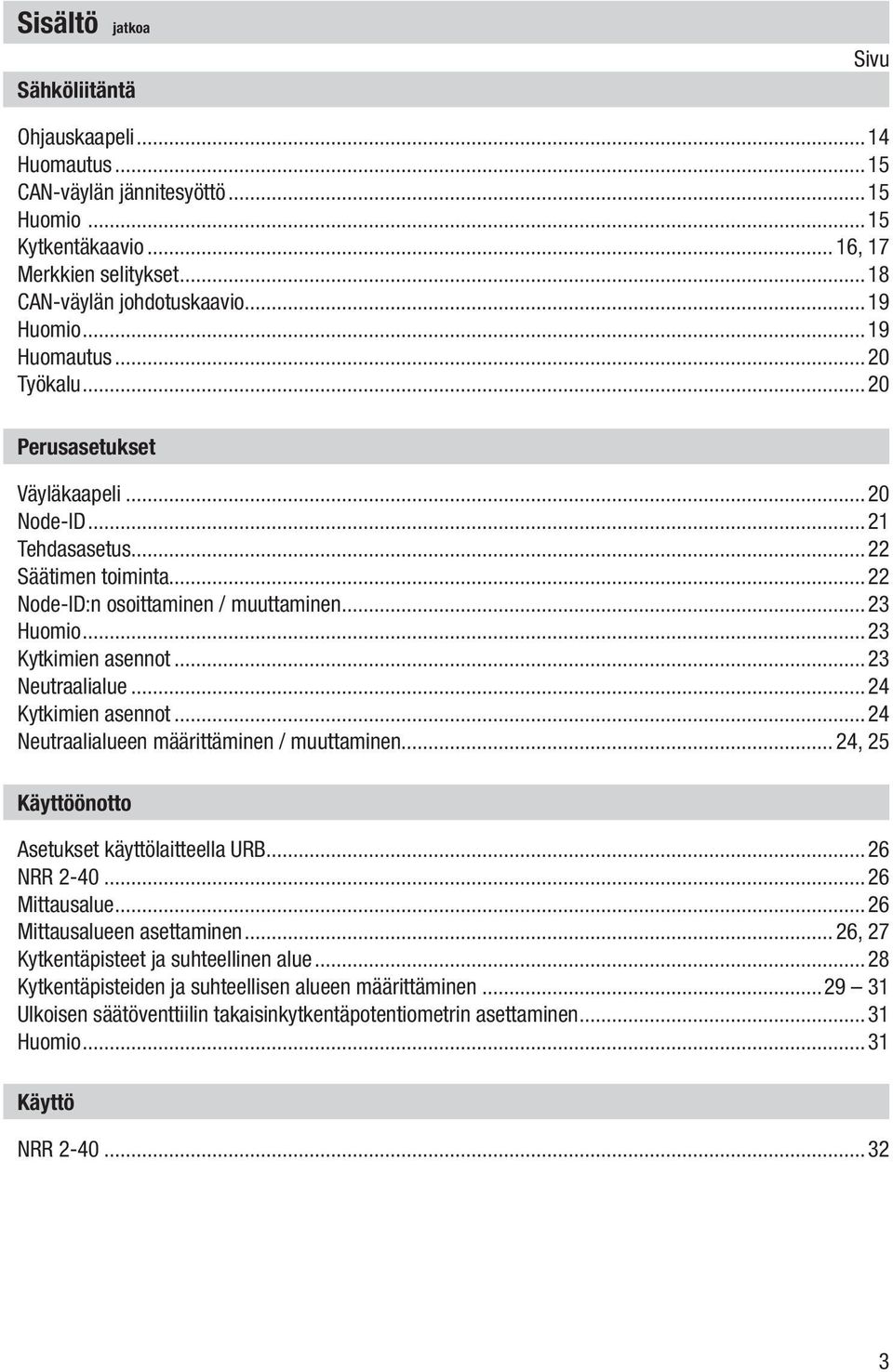 ..23 Neutraalialue...24 Kytkimien asennot...24 Neutraalialueen määrittäminen / muuttaminen... 24, 25 Käyttöönotto Asetukset käyttölaitteella URB...26 NRR 2-40...26 Mittausalue.