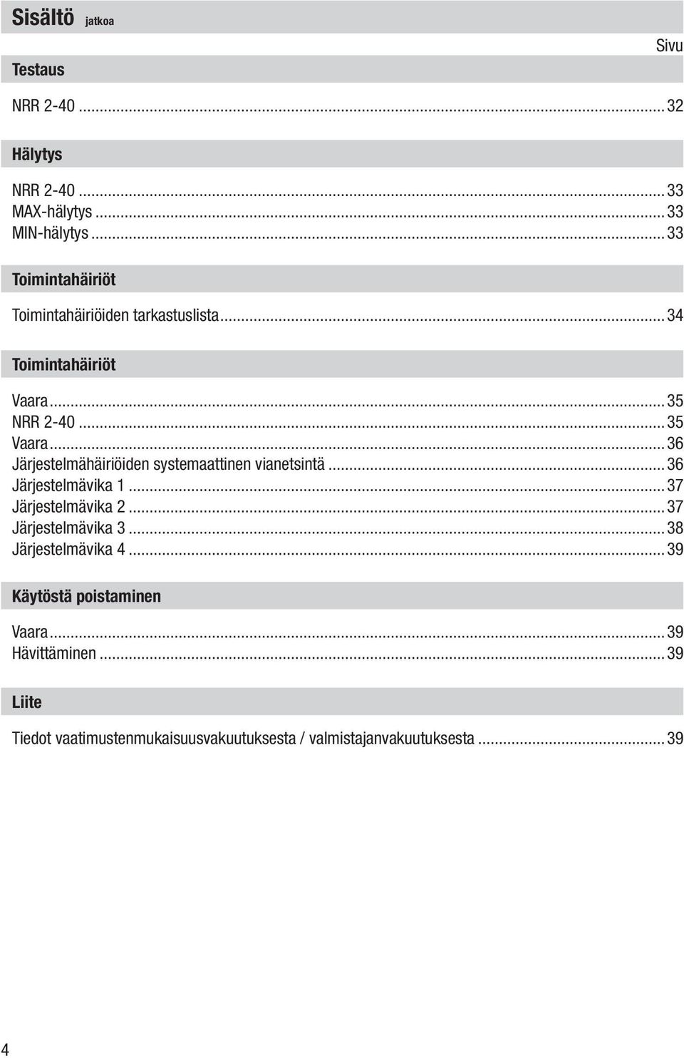 ..36 Järjestelmähäiriöiden systemaattinen vianetsintä...36 Järjestelmävika 1...37 Järjestelmävika 2...37 Järjestelmävika 3.