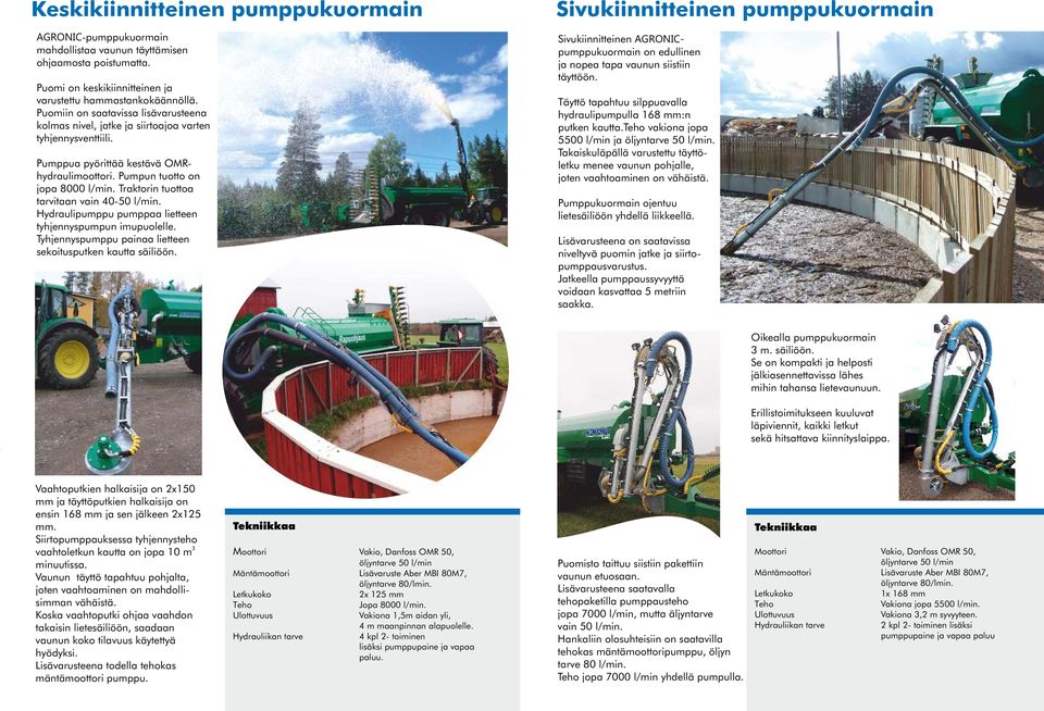 Traktorin tuottoa tarvitaan vain 40-50 l/min. Hydraulipumppu pumppaa lietteen tyhjennyspumpun imupuolelle. Tyhjennyspumppu painaa lietteen sekoitusputken kautta säiliöön.