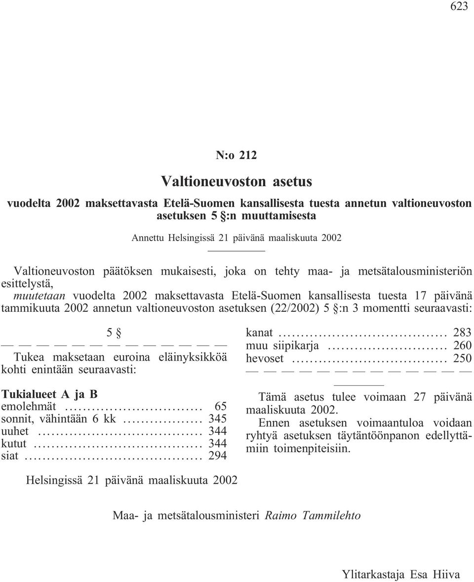 annetun valtioneuvoston asetuksen (22/2002) 5 :n 3 momentti seuraavasti: 5 Tukea maksetaan euroina eläinyksikköä kohti enintään seuraavasti: Tukialueet A ja B emolehmät... 65 sonnit, vähintään 6 kk.