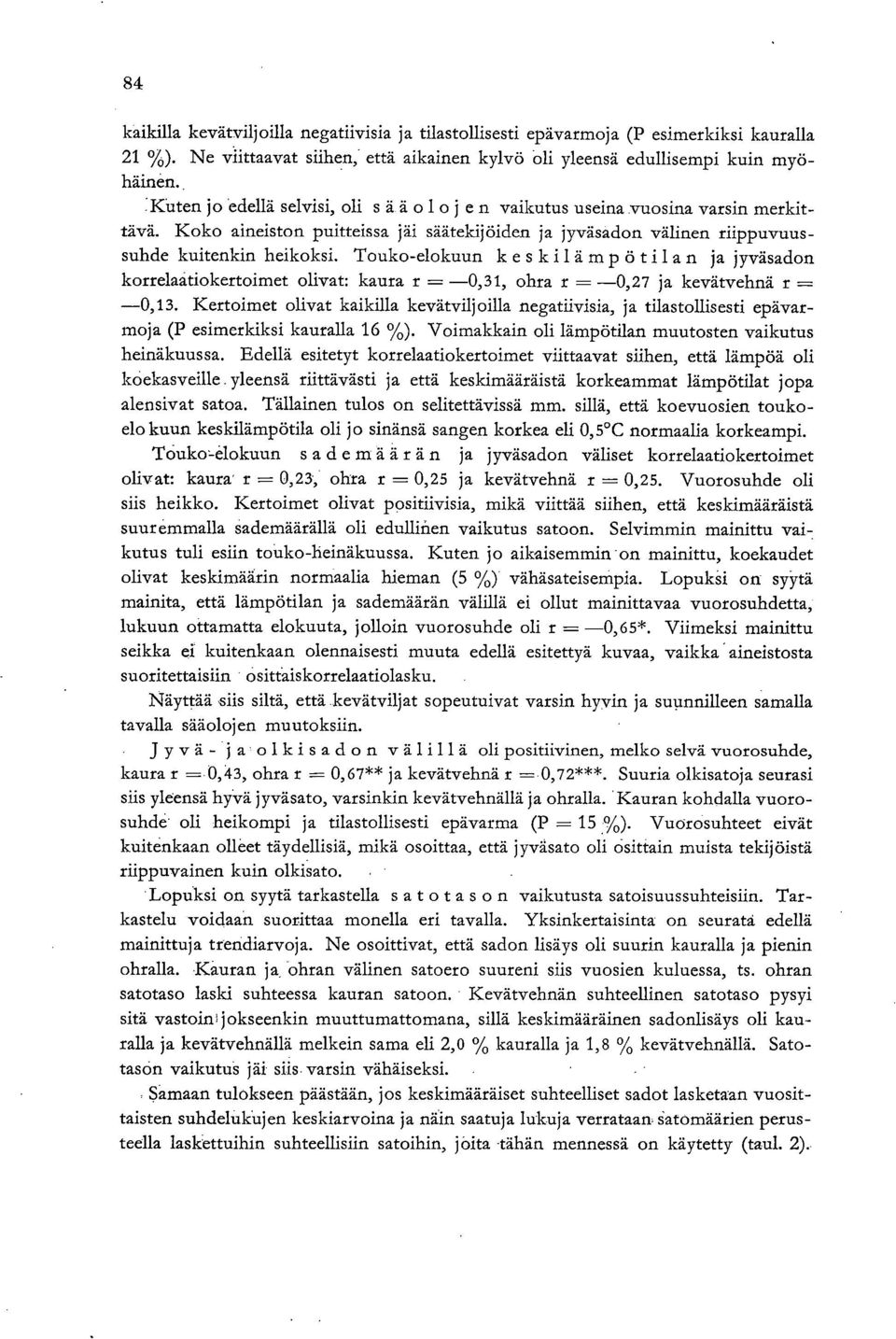 Touko-elokuun keskilämpötilan ja jyväsadon korrelaatiokertoimet olivat: kaura r = 0,31, ohra r = 0,27 ja kevätvehnä r = 0,13.