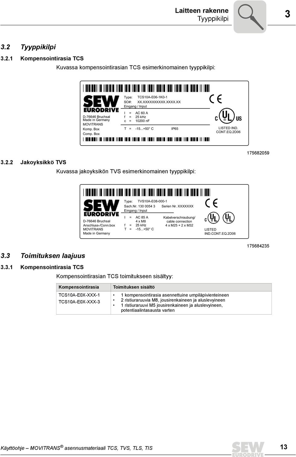 khz 10200 nf -15...+50 C IP65 LISTED IND. CONT.EQ.2D06 3.2.2 Jakoyksikkö TVS Kuvassa jakoyksikön TVS esimerkinomainen tyyppikilpi: 175682059 D-76646 Bruchsal Anschluss-/Conn.