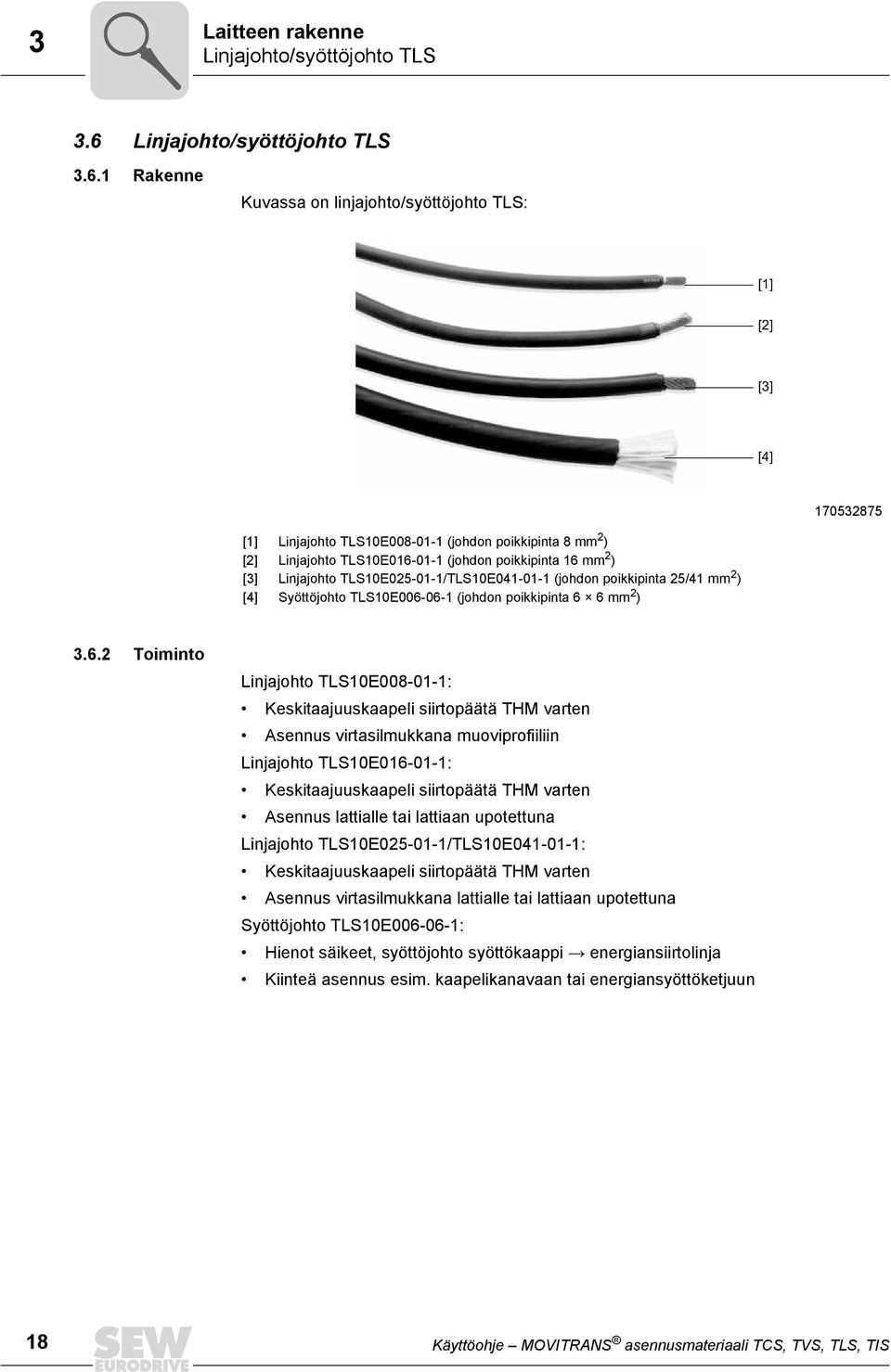 1 Rakenne Kuvassa on linjajohto/syöttöjohto TLS: [1] [2] [3] [4] 170532875 [1] Linjajohto TLS10E008-01-1 (johdon poikkipinta 8 mm 2 ) [2] Linjajohto TLS10E016-01-1 (johdon poikkipinta 16 mm 2 ) [3]