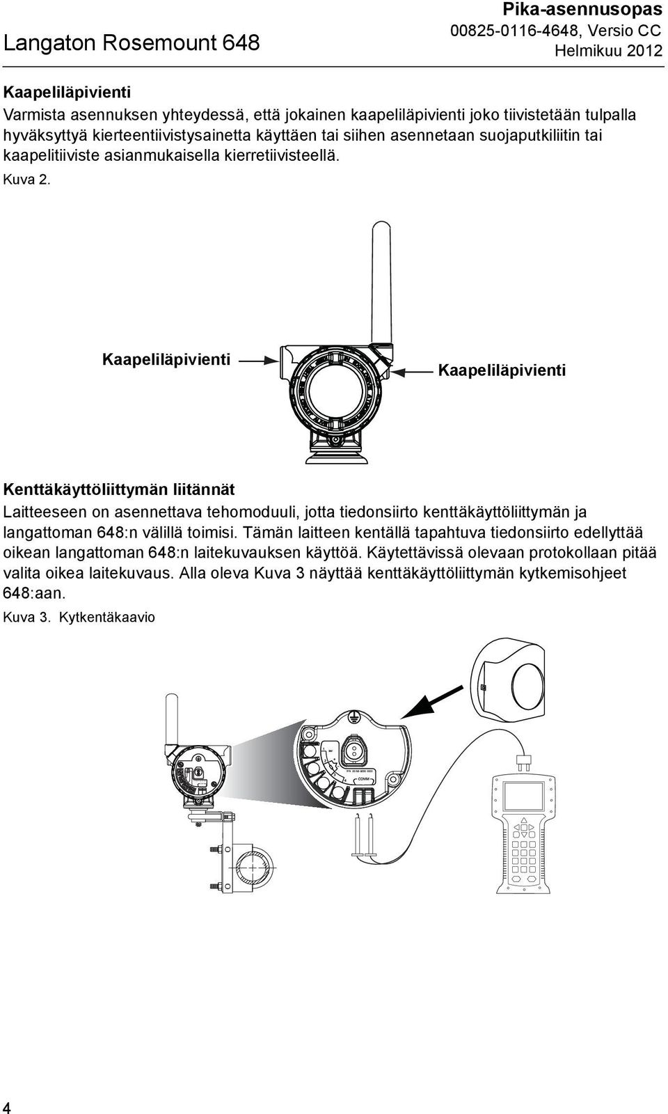 Kaapeliläpivienti Kaapeliläpivienti Kenttäkäyttöliittymän liitännät Laitteeseen on asennettava tehomoduuli, jotta tiedonsiirto kenttäkäyttöliittymän ja langattoman 648:n välillä toimisi.