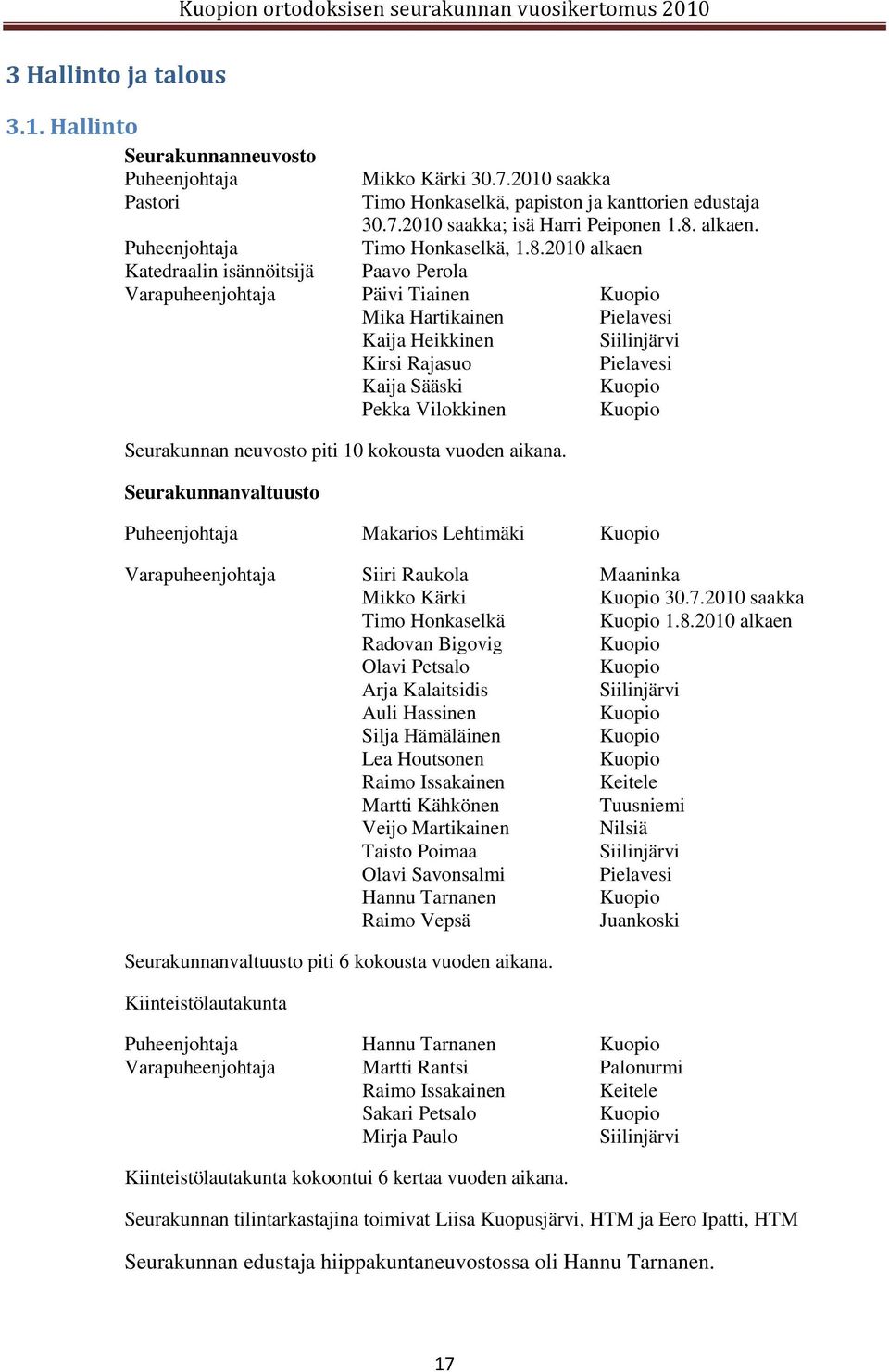 2010 alkaen Katedraalin isännöitsijä Paavo Perola Varapuheenjohtaja Päivi Tiainen Kuopio Mika Hartikainen Pielavesi Kaija Heikkinen Siilinjärvi Kirsi Rajasuo Pielavesi Kaija Sääski Kuopio Pekka