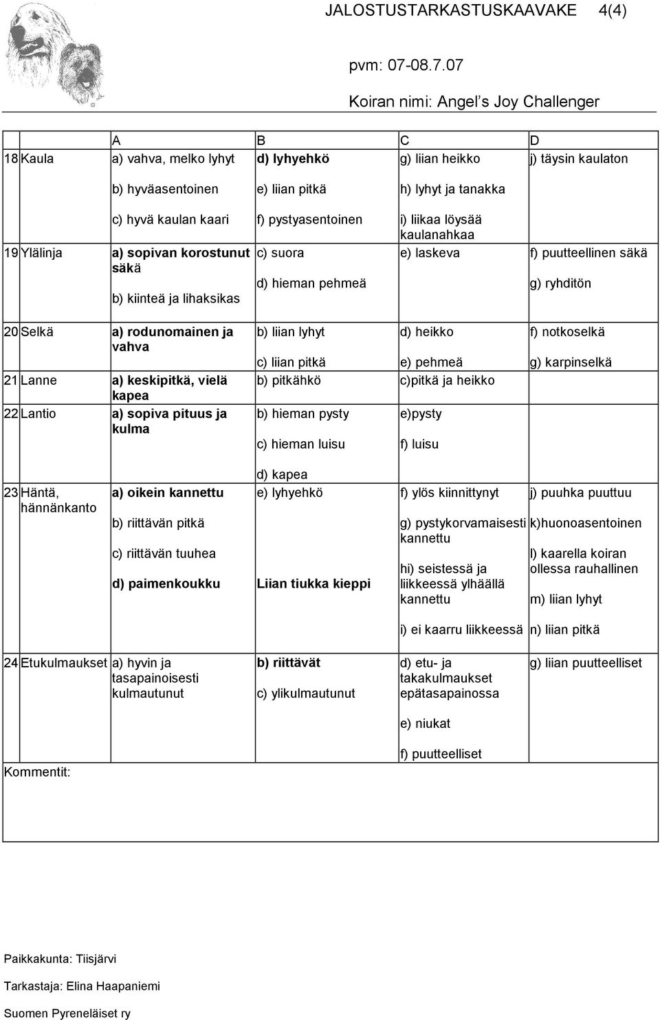 21 Lanne a) keskipitkä, vielä kapea 22 Lantio a) sopiva pituus ja kulma b) liian lyhyt c) liian pitkä d) heikko e) pehmeä b) pitkähkö c)pitkä ja heikko b) hieman pysty e)pysty c) hieman luisu f)