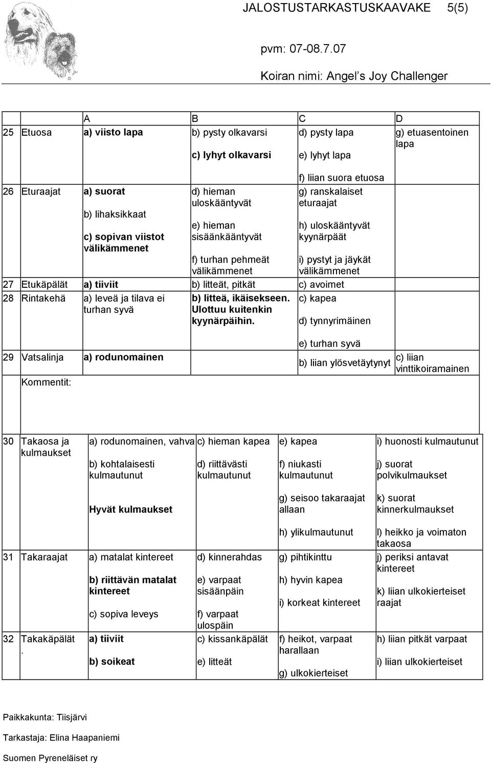 välikämmenet 27 Etukäpälät a) tiiviit b) litteät, pitkät c) avoimet 28 Rintakehä a) leveä ja tilava ei c) kapea turhan syvä b) litteä, ikäisekseen. Ulottuu kuitenkin kyynärpäihin.