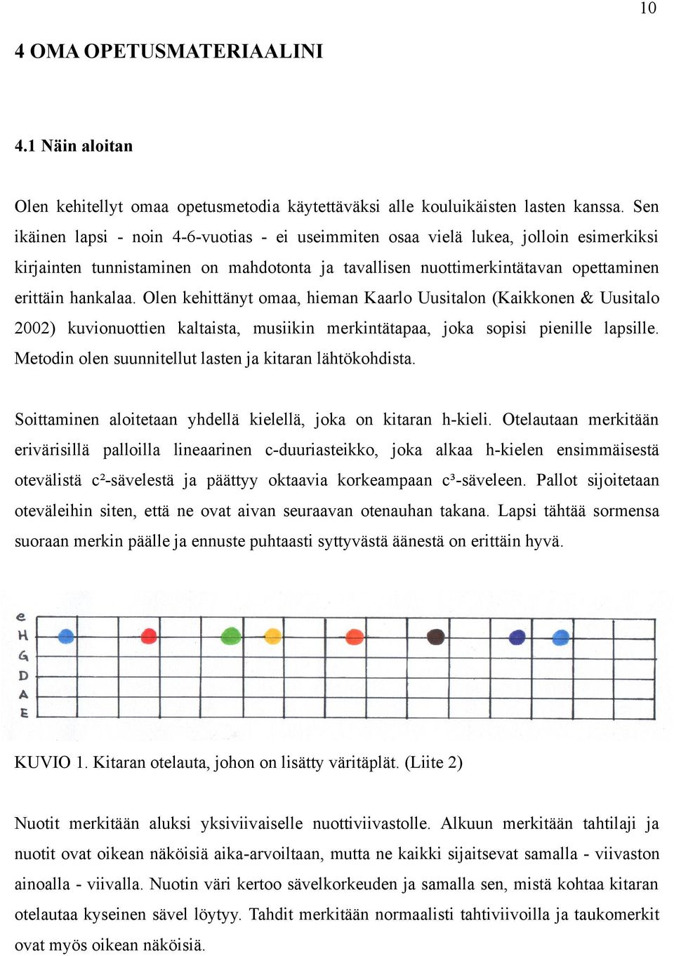 Olen kehittänyt omaa, hieman Kaarlo Uusitalon (Kaikkonen & Uusitalo 2002) kuvionuottien kaltaista, musiikin merkintätapaa, joka sopisi pienille lapsille.