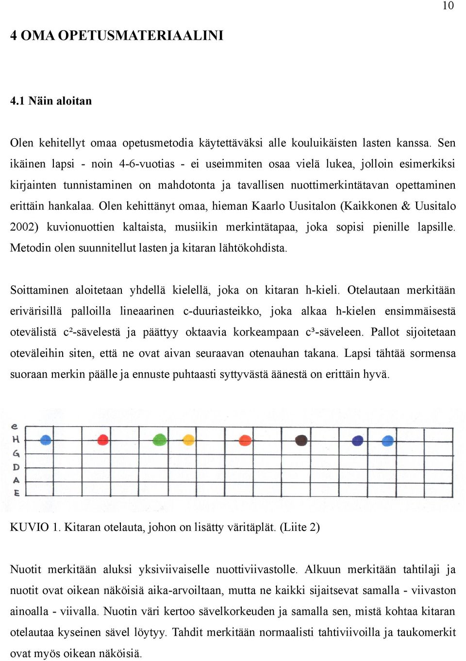 Olen kehittänyt omaa, hieman Kaarlo Uusitalon (Kaikkonen & Uusitalo 2002) kuvionuottien kaltaista, musiikin merkintätapaa, joka sopisi pienille lapsille.