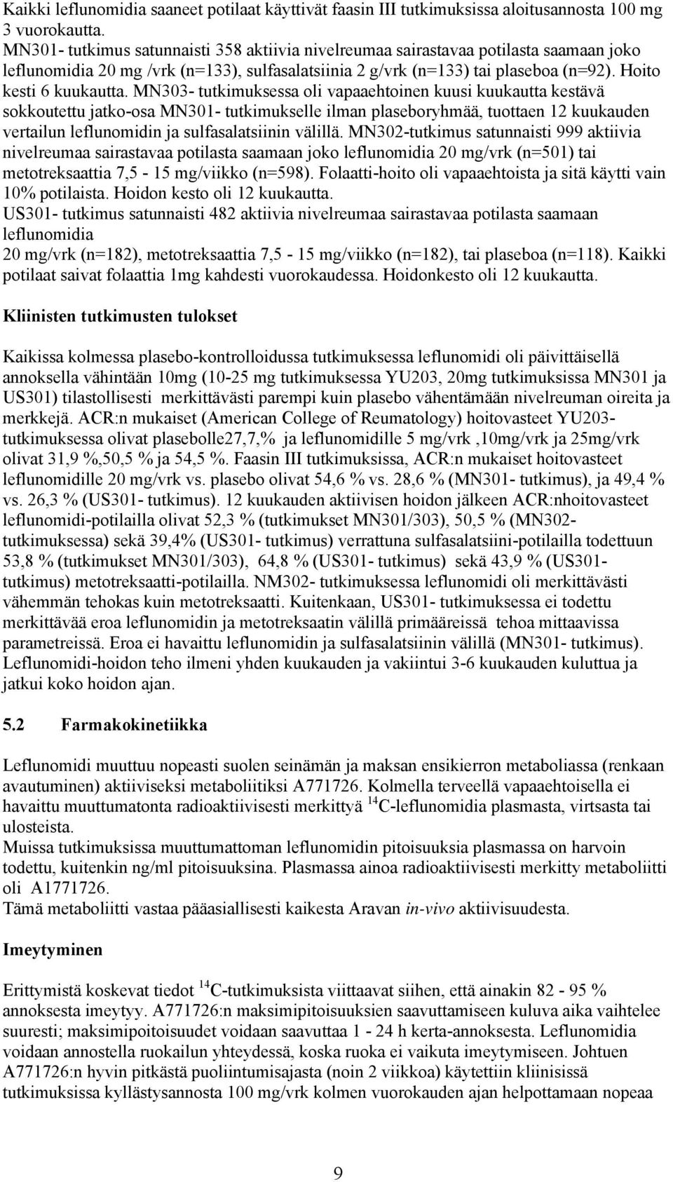 MN303- tutkimuksessa oli vapaaehtoinen kuusi kuukautta kestävä sokkoutettu jatko-osa MN301- tutkimukselle ilman plaseboryhmää, tuottaen 12 kuukauden vertailun leflunomidin ja sulfasalatsiinin välillä.