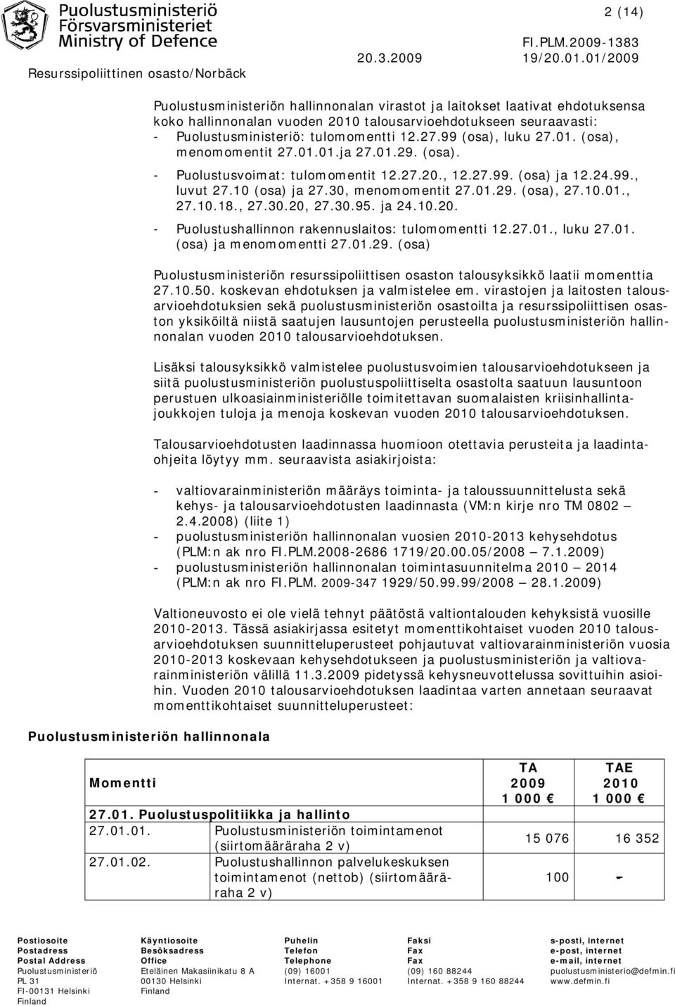 10 (osa) ja 27.30, menomomentit 27.01.29. (osa), 27.10.01., 27.10.18., 27.30.20, 27.30.95. ja 24.10.20. - Puolustushallinnon rakennuslaitos: tulomomentti 12.27.01., luku 27.01. (osa) ja menomomentti 27.