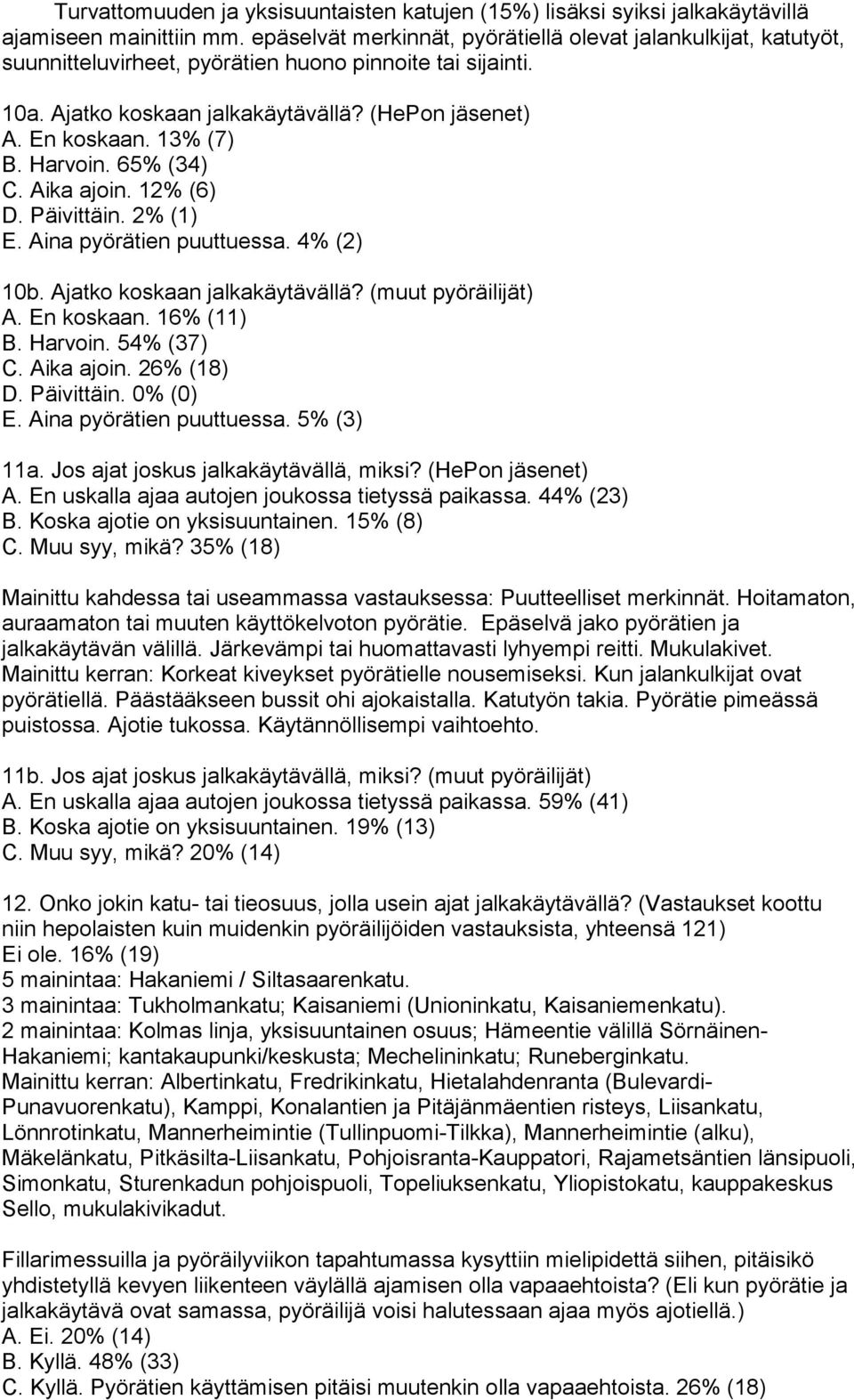 13% (7) B. Harvoin. 65% (34) C. Aika ajoin. 12% (6) D. Päivittäin. 2% (1) E. Aina pyörätien puuttuessa. 4% (2) 10b. Ajatko koskaan jalkakäytävällä? (muut pyöräilijät) A. En koskaan. 16% (11) B.