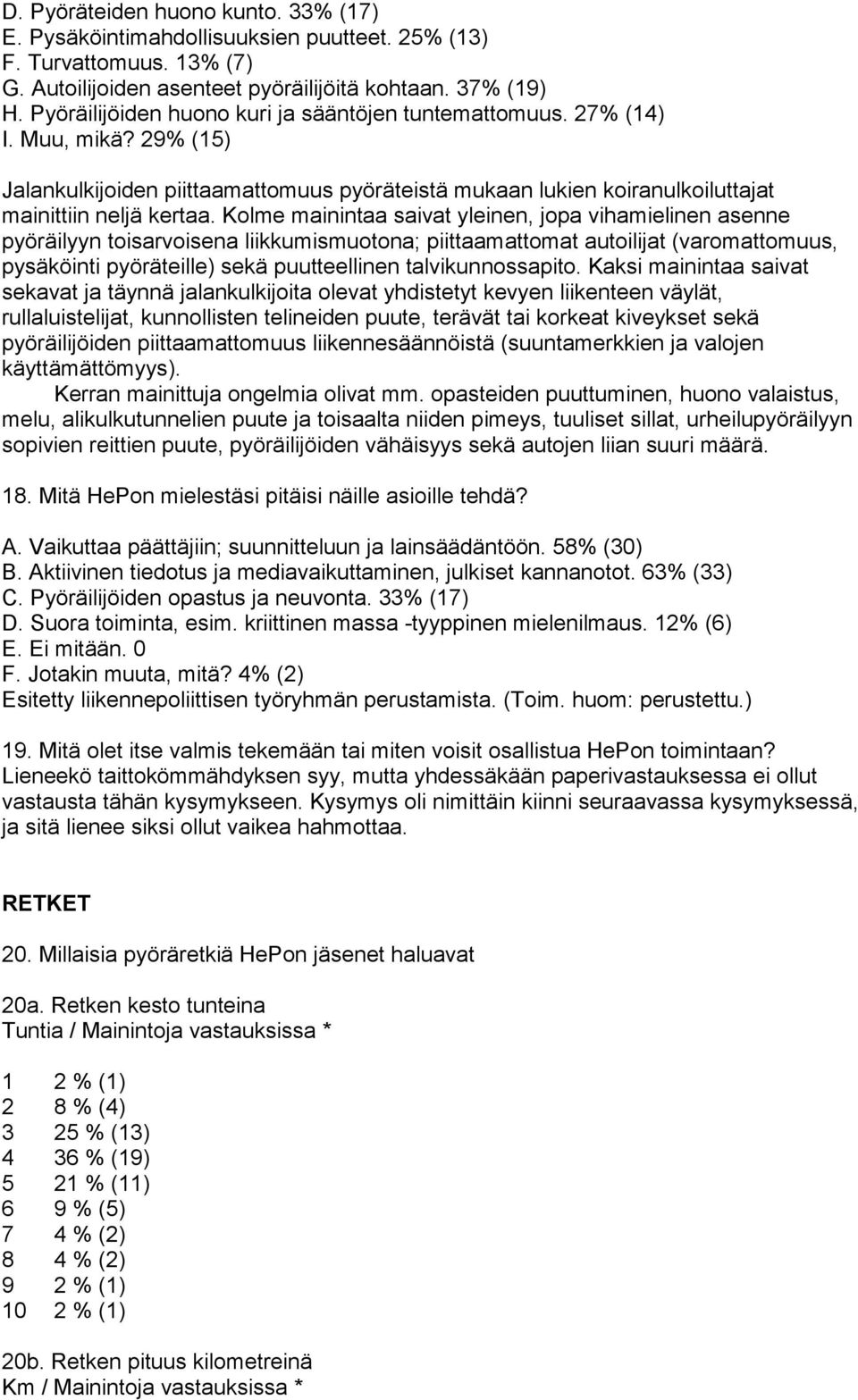 Kolme mainintaa saivat yleinen, jopa vihamielinen asenne pyöräilyyn toisarvoisena liikkumismuotona; piittaamattomat autoilijat (varomattomuus, pysäköinti pyöräteille) sekä puutteellinen