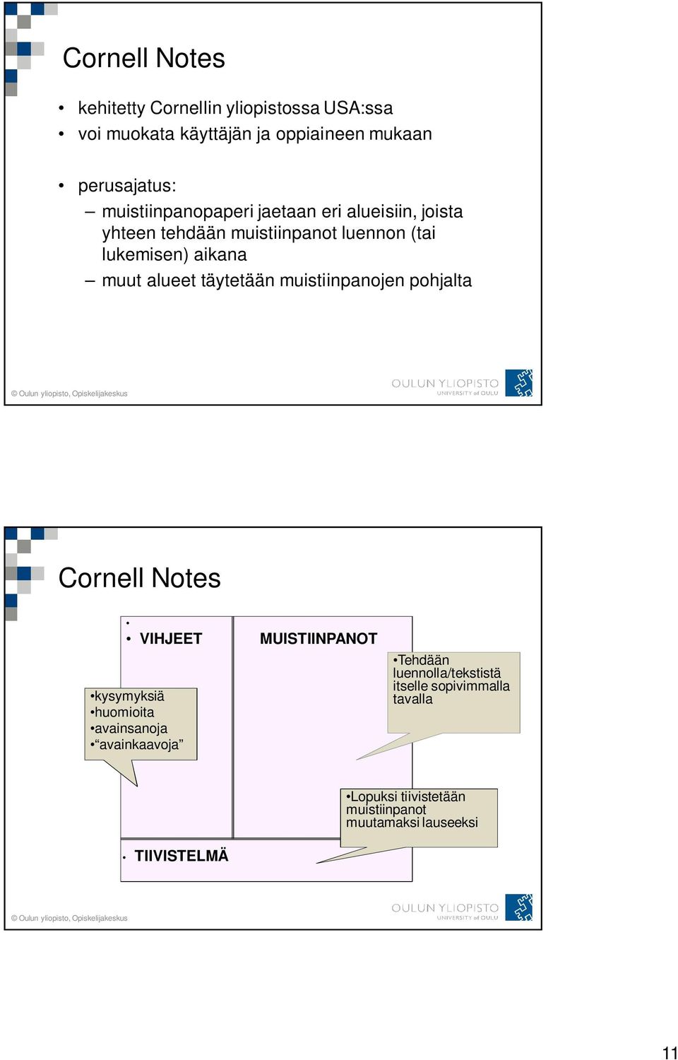 alueet täytetään muistiinpanojen pohjalta Cornell Notes VIHJEET kysymyksiä huomioita avainsanoja avainkaavoja