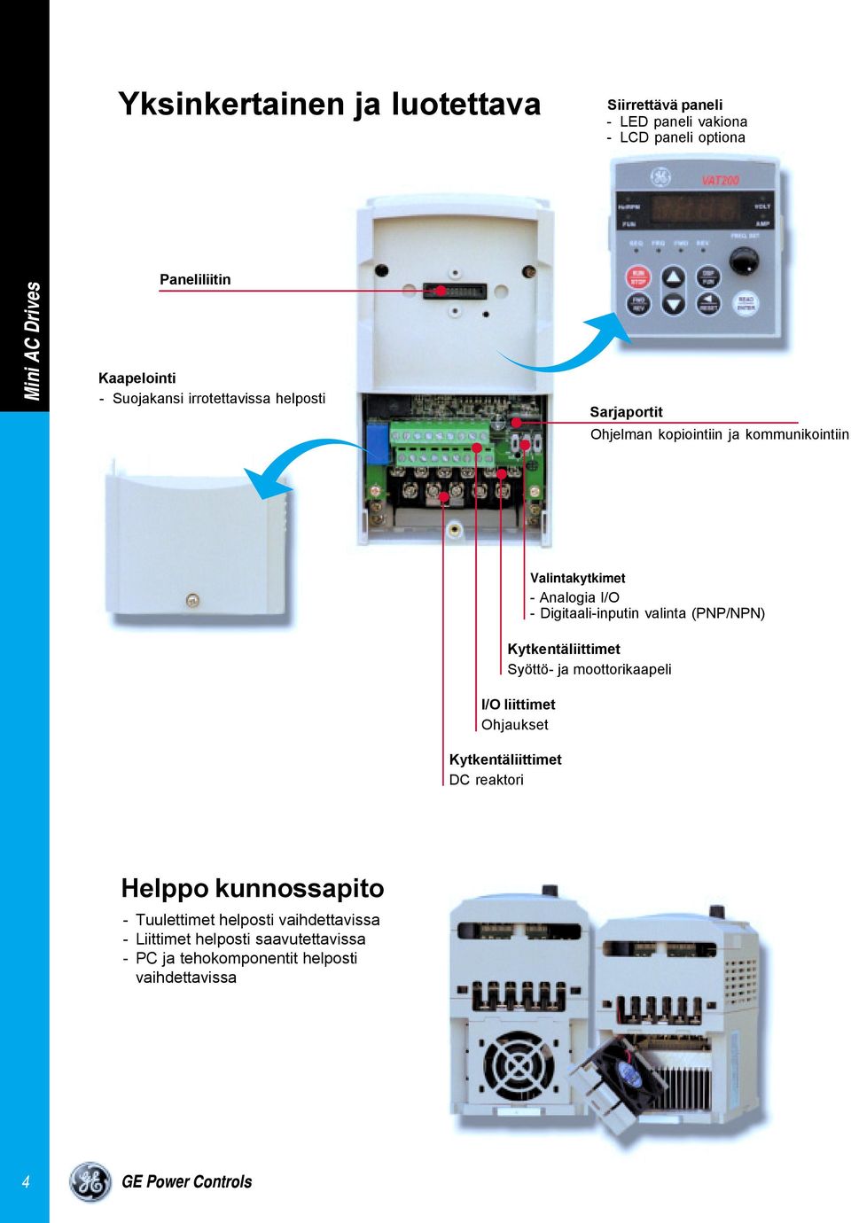 valinta (PNP/NPN) Kytkentäliittimet Syöttö ja moottorikaapeli I/O liittimet Ohjaukset Kytkentäliittimet DC reaktori Helppo