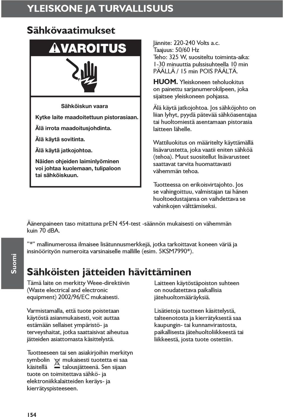 Taajuus: 50/60 Hz Teho: 325 W, suositeltu toiminta-aika: 1-30 minuuttia pulssisuhteella 10 min PÄÄLLÄ / 15 min POIS PÄÄLTÄ. HUOM.