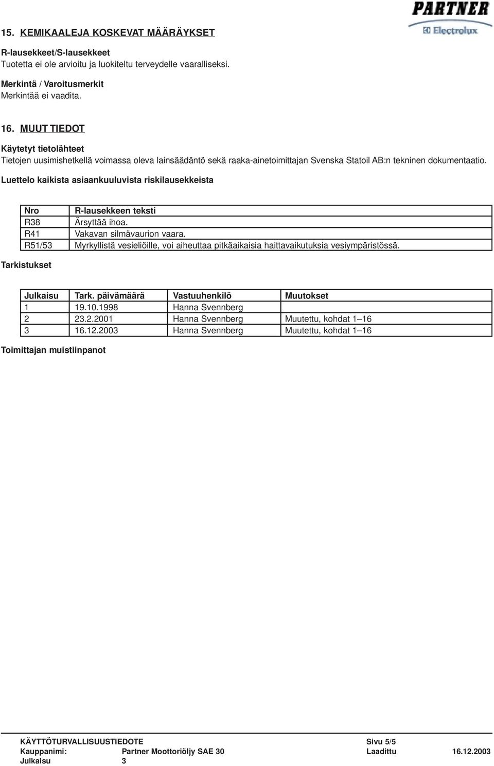 Luettelo kaikista asiaankuuluvista riskilausekkeista Nro R-lausekkeen teksti R38 Ärsyttää ihoa. R41 Vakavan silmävaurion vaara.