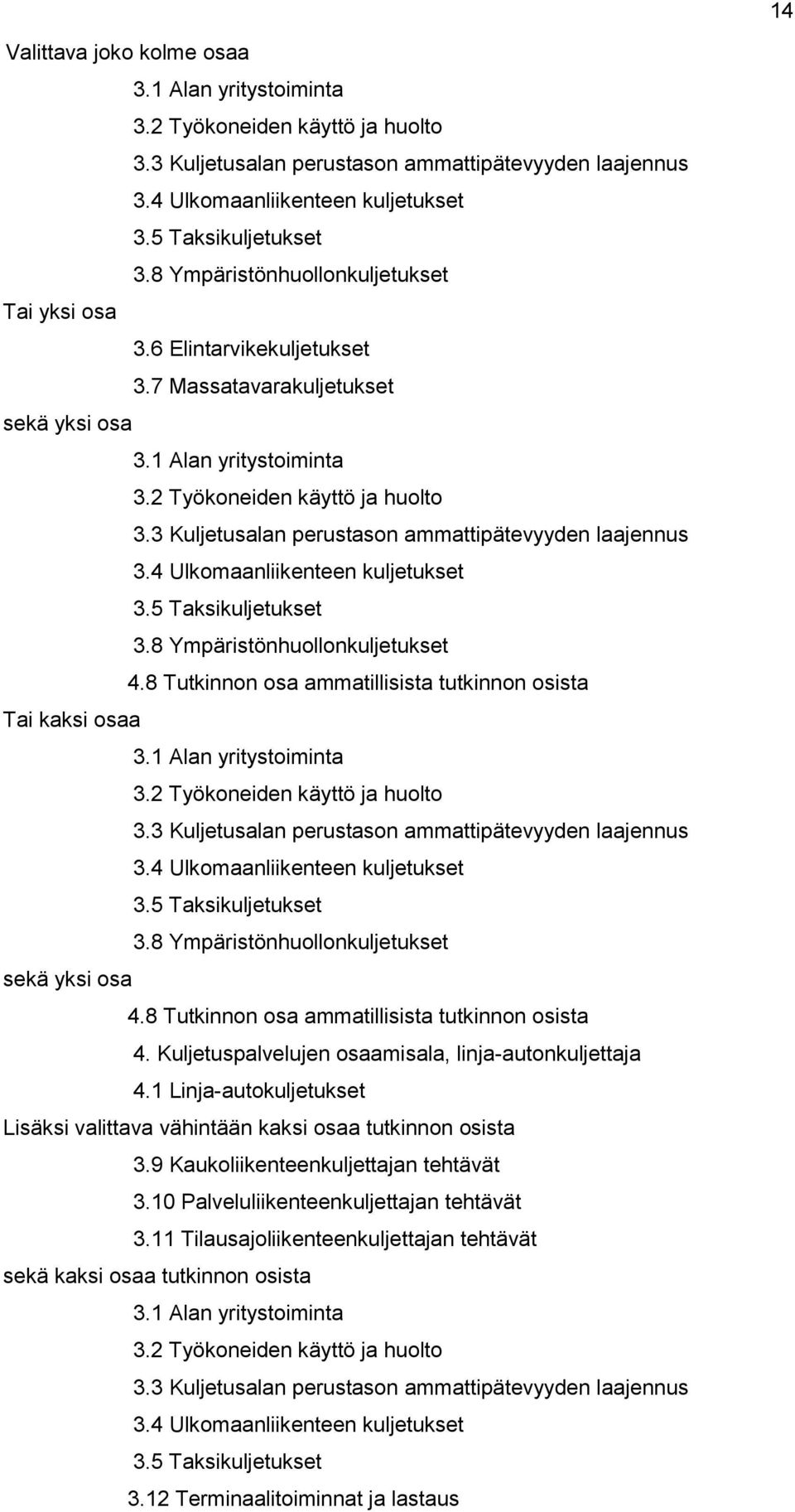 3 Kuljetusalan perustason ammattipätevyyden laajennus 3.4 Ulkomaanliikenteen kuljetukset 3.5 Taksikuljetukset 3.8 Ympäristönhuollonkuljetukset 4.