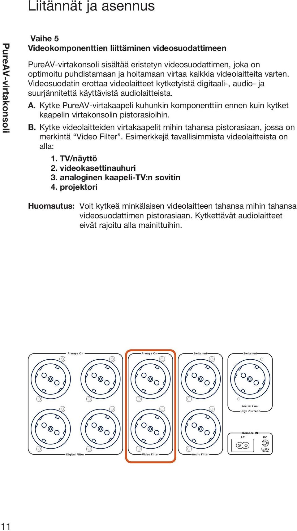 Kytke PureAV-virtakaapeli kuhunkin komponenttiin ennen kuin kytket kaapelin virtakonsolin pistorasioihin. B.