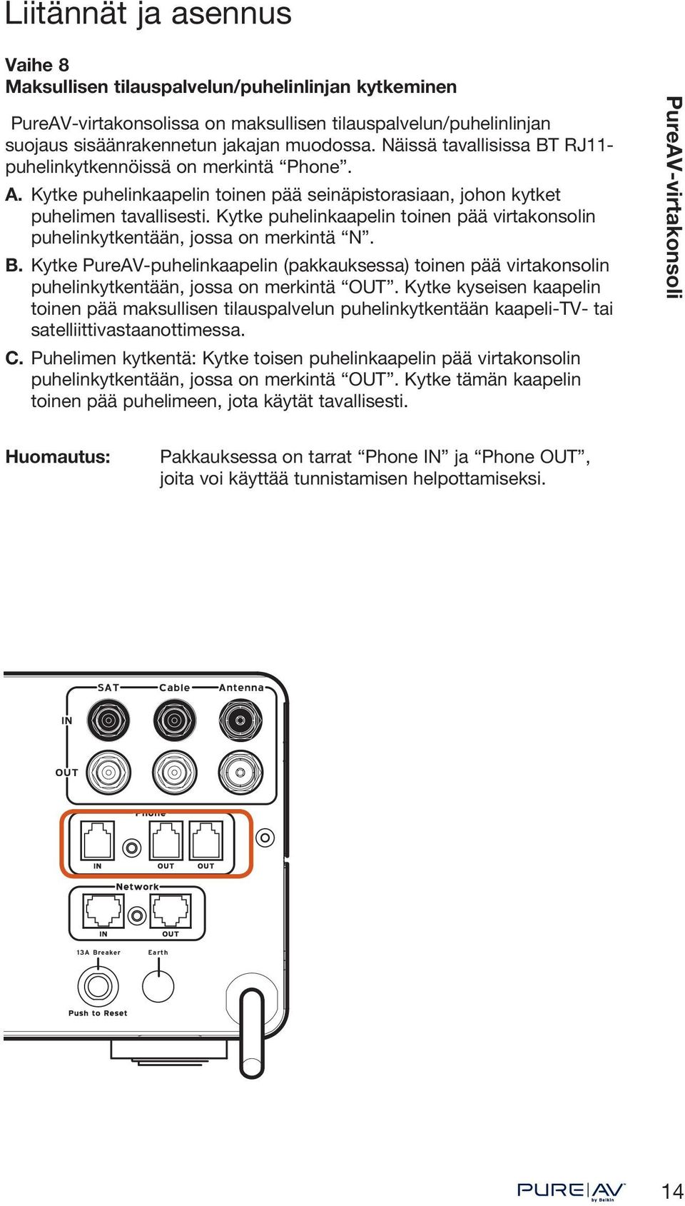 Kytke puhelinkaapelin toinen pää virtakonsolin puhelinkytkentään, jossa on merkintä N. B. Kytke PureAV-puhelinkaapelin (pakkauksessa) toinen pää virtakonsolin puhelinkytkentään, jossa on merkintä OUT.