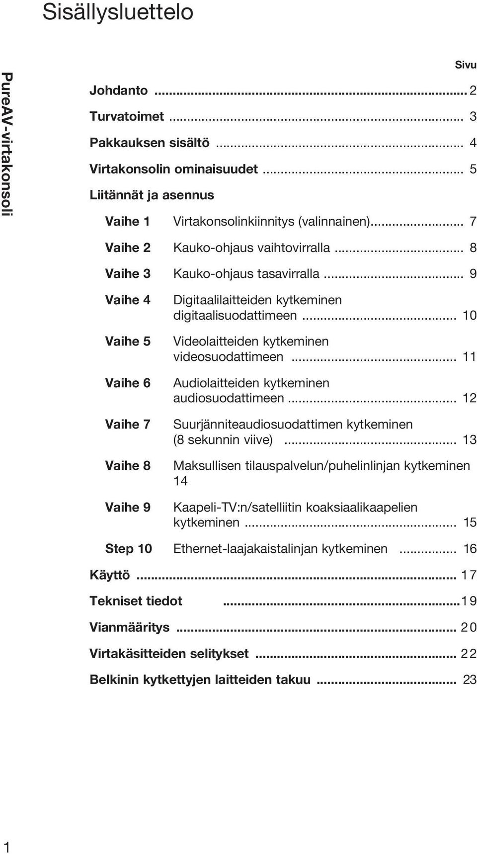 .. 10 Videolaitteiden kytkeminen videosuodattimeen... 11 Audiolaitteiden kytkeminen audiosuodattimeen... 12 Suurjänniteaudiosuodattimen kytkeminen (8 sekunnin viive).