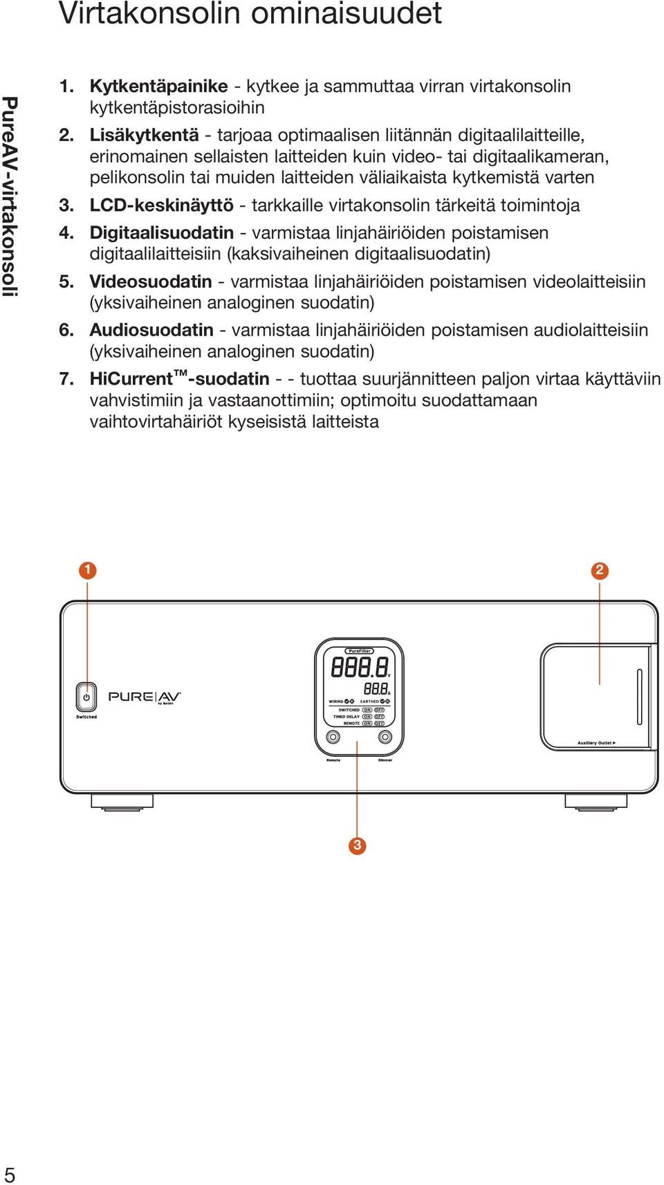 varten 3. LCD-keskinäyttö - tarkkaille virtakonsolin tärkeitä toimintoja 4. Digitaalisuodatin - varmistaa linjahäiriöiden poistamisen digitaalilaitteisiin (kaksivaiheinen digitaalisuodatin) 5.