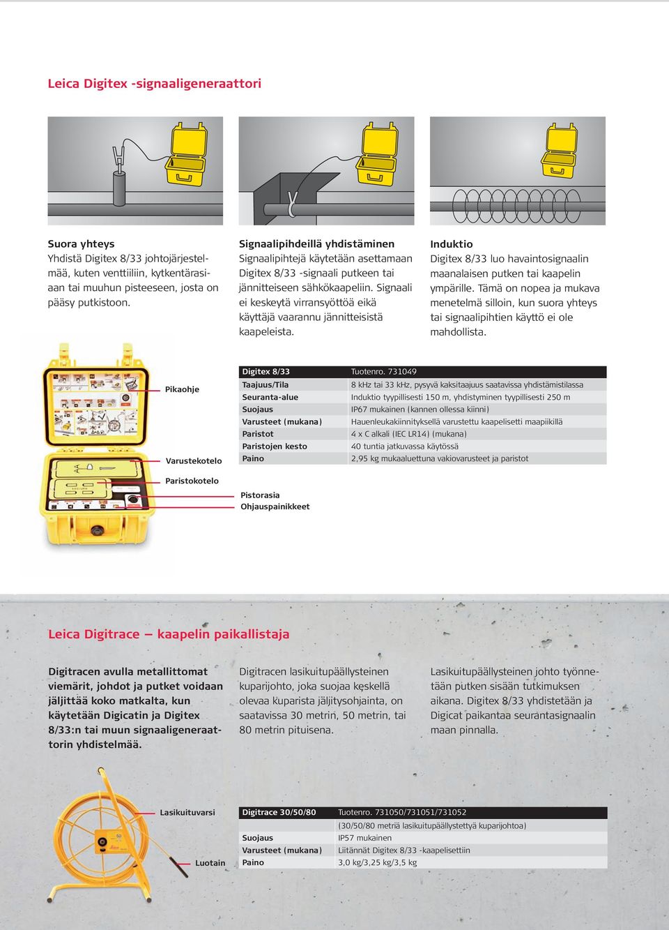 Signaali ei keskeytä virransyöttöä eikä käyttäjä vaarannu jännitteisistä kaapeleista. Induktio Digitex 8/33 luo havaintosignaalin maanalaisen putken tai kaapelin ympärille.