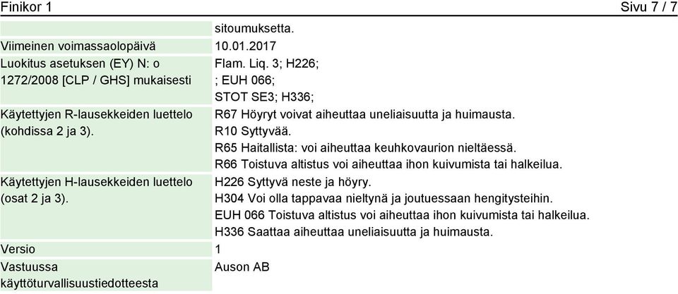 Versio 1 Vastuussa Auson AB käyttöturvallisuustiedotteesta Flam. Liq. 3; H226; ; EUH 066; STOT SE3; H336; R67 Höyryt voivat aiheuttaa uneliaisuutta ja huimausta. R10 Syttyvää.