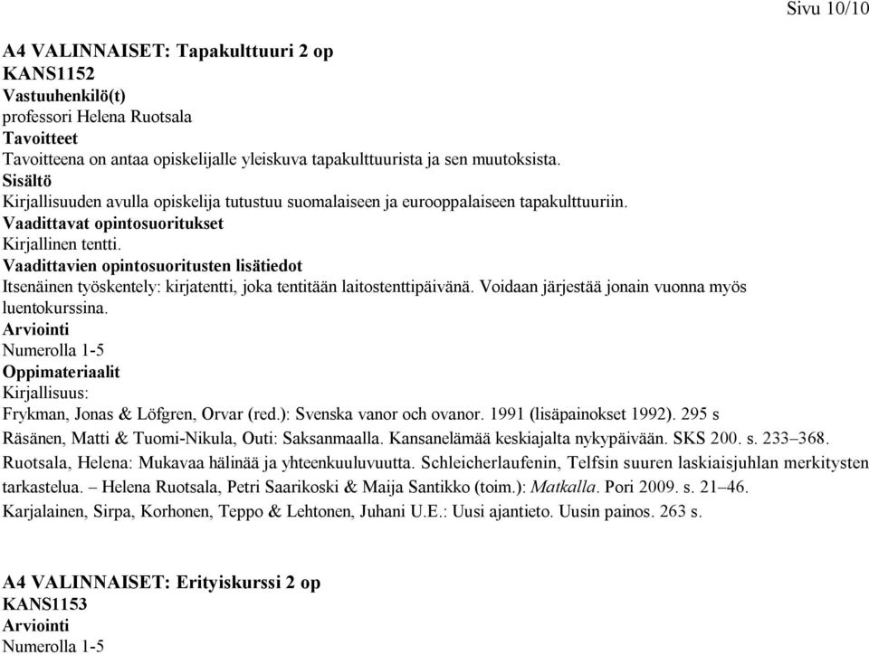 Voidaan järjestää jonain vuonna myös luentokurssina. Frykman, Jonas & Löfgren, Orvar (red.): Svenska vanor och ovanor. 1991 (lisäpainokset 1992).