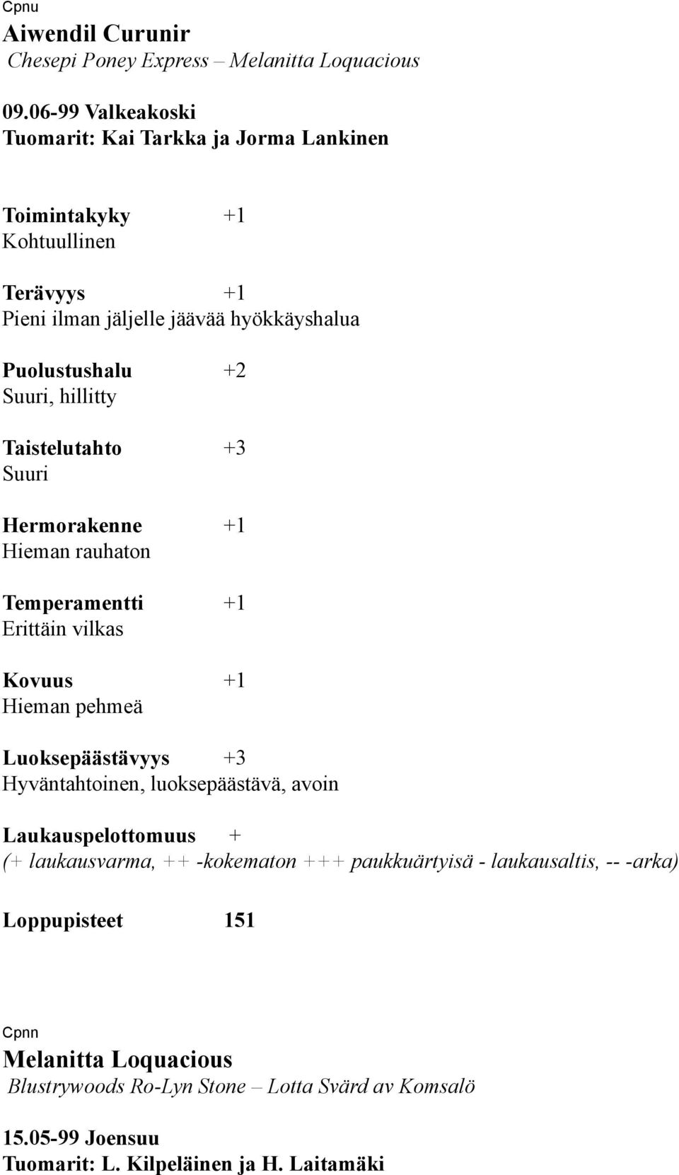 hillitty Taistelutahto +3 Suuri Hermorakenne +1 Hieman rauhaton Temperamentti +1 Erittäin vilkas Kovuus +1 Hieman pehmeä Luoksepäästävyys +3 Hyväntahtoinen,