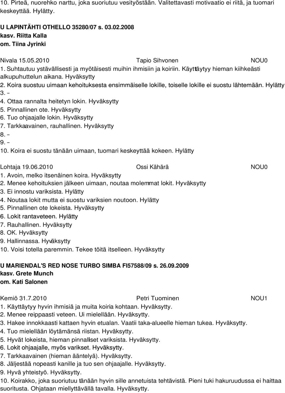 Koira suostuu uimaan kehoituksesta ensimmäiselle lokille, toiselle lokille ei suostu lähtemään. Hylätty 3. - 4. Ottaa rannalta heitetyn lokin. Hyväksytty 5. Pinnallinen ote. Hyväksytty 6.