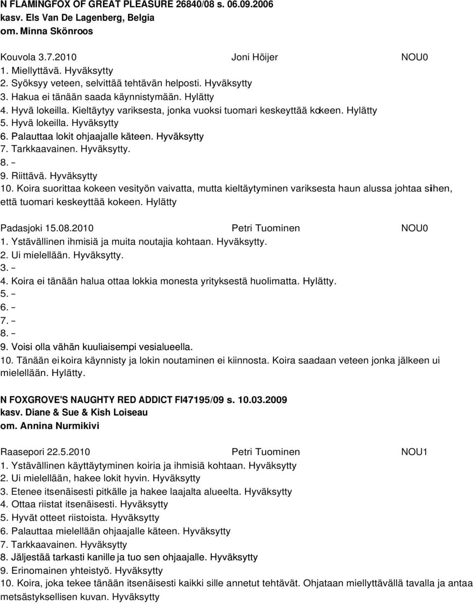 Hyvä lokeilla. Hyväksytty 6. Palauttaa lokit ohjaajalle käteen. Hyväksytty 7. Tarkkaavainen. Hyväksytty. - 9. Riittävä. Hyväksytty 10.